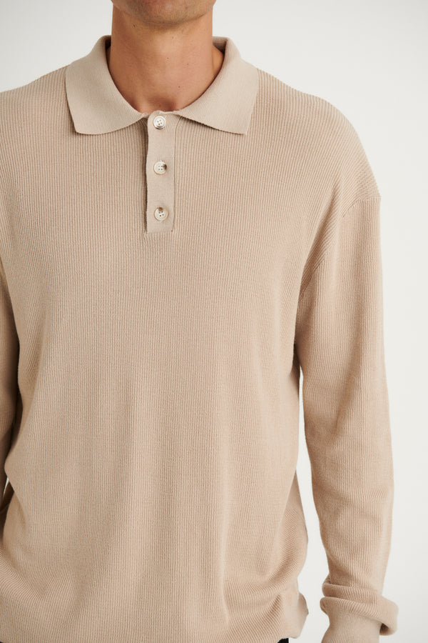 Julius Knit Polo Long Sleeve Oat