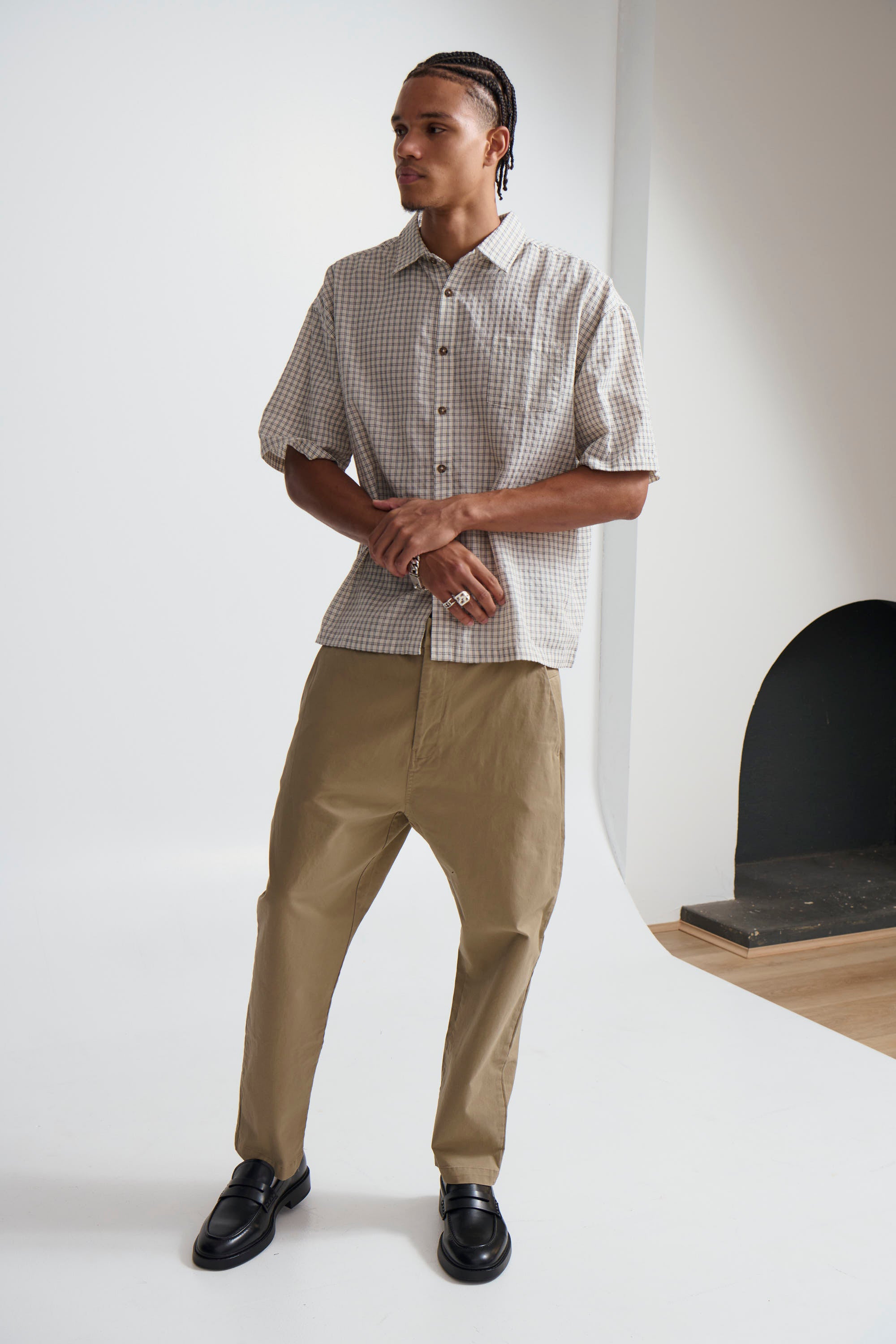 Nathaniel Drop Shirt Check Ivory