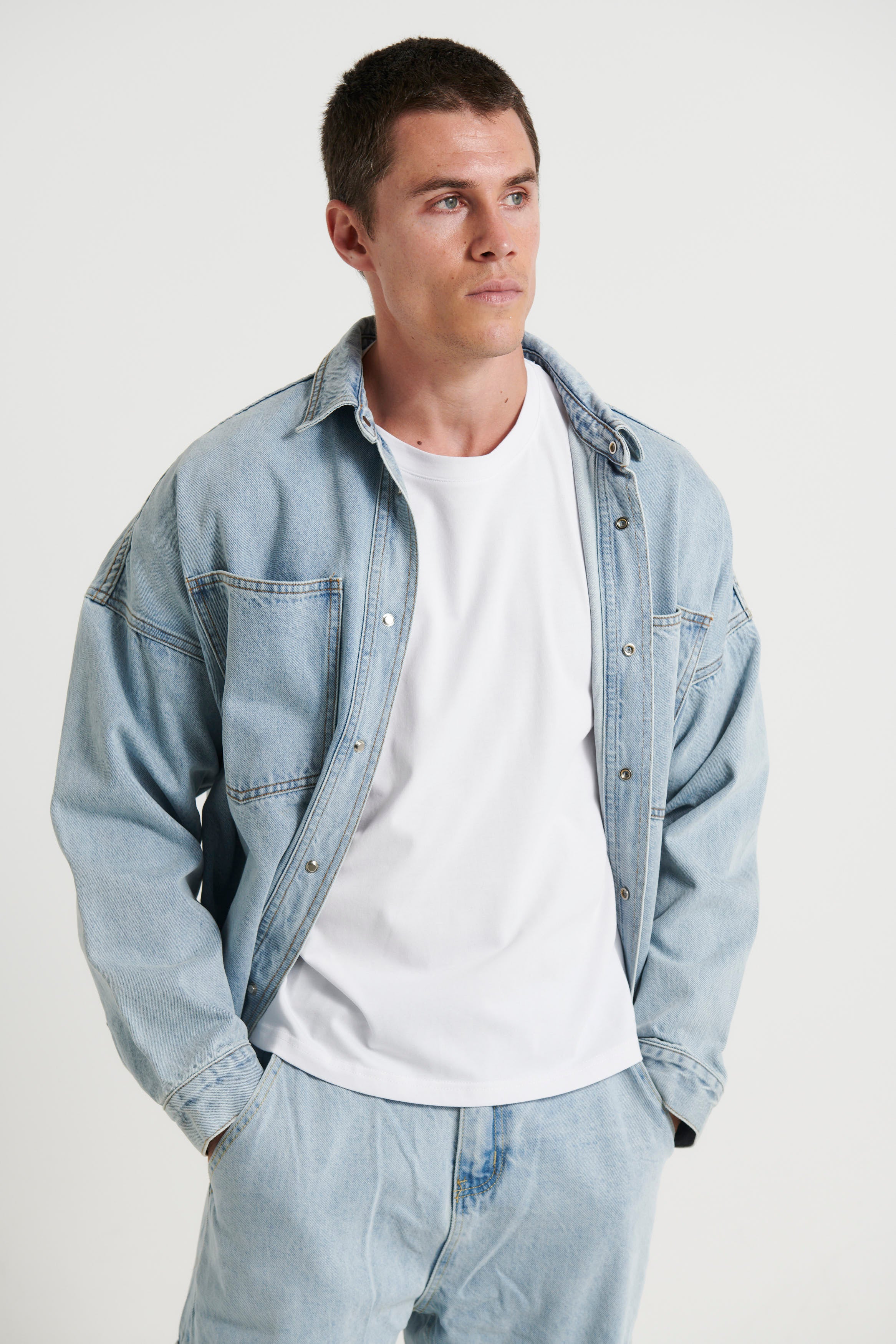 Drop Shoulder Denim Shirt Ocean