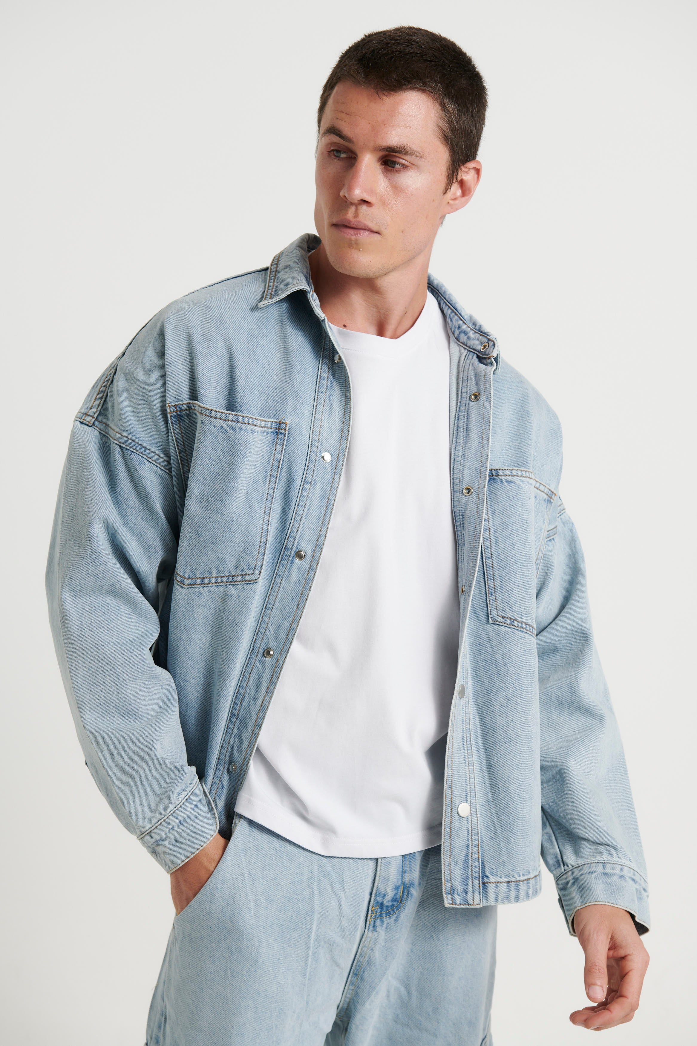 Drop Shoulder Denim Shirt Ocean