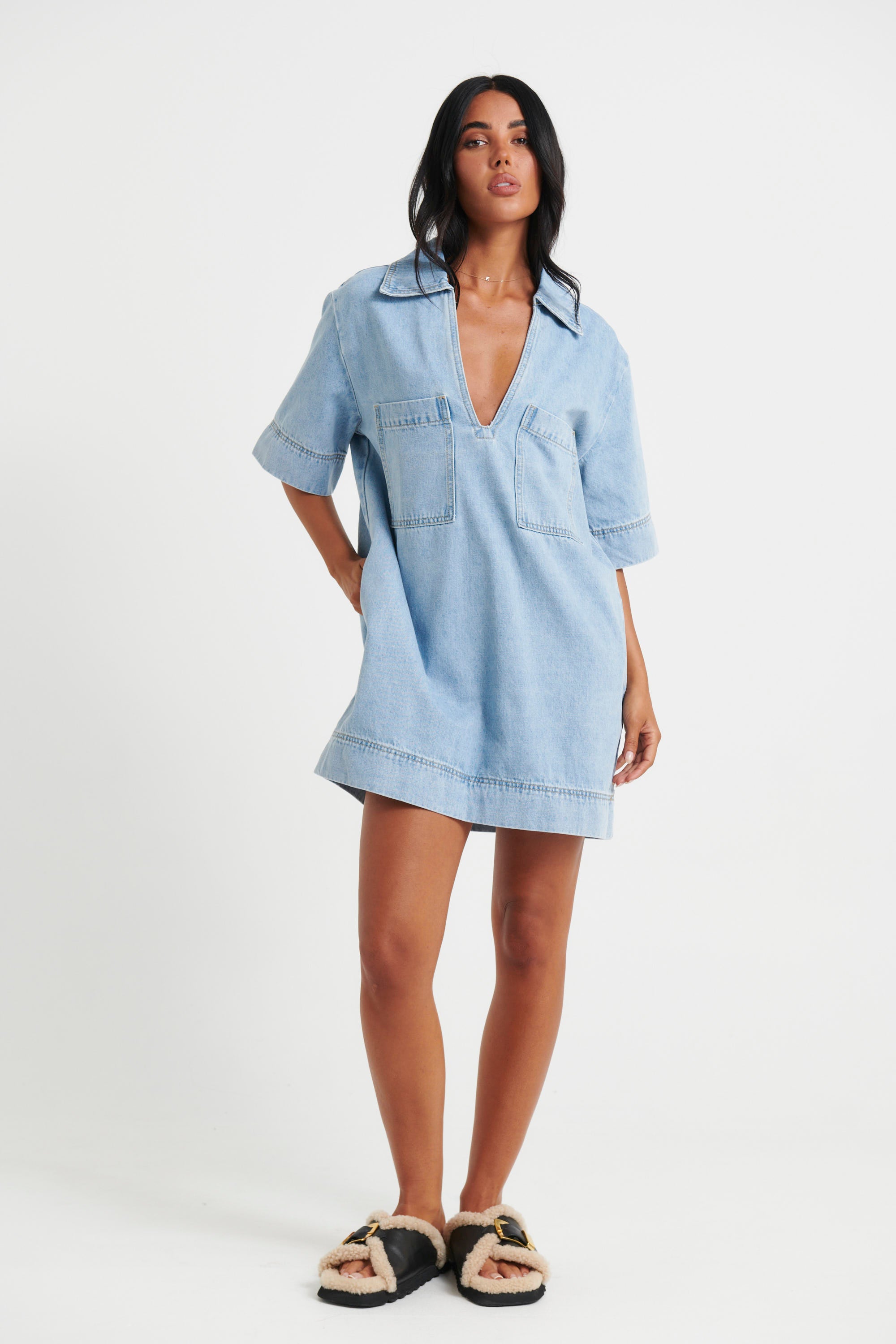 Rhythm Mini Denim Dress Sky Blue