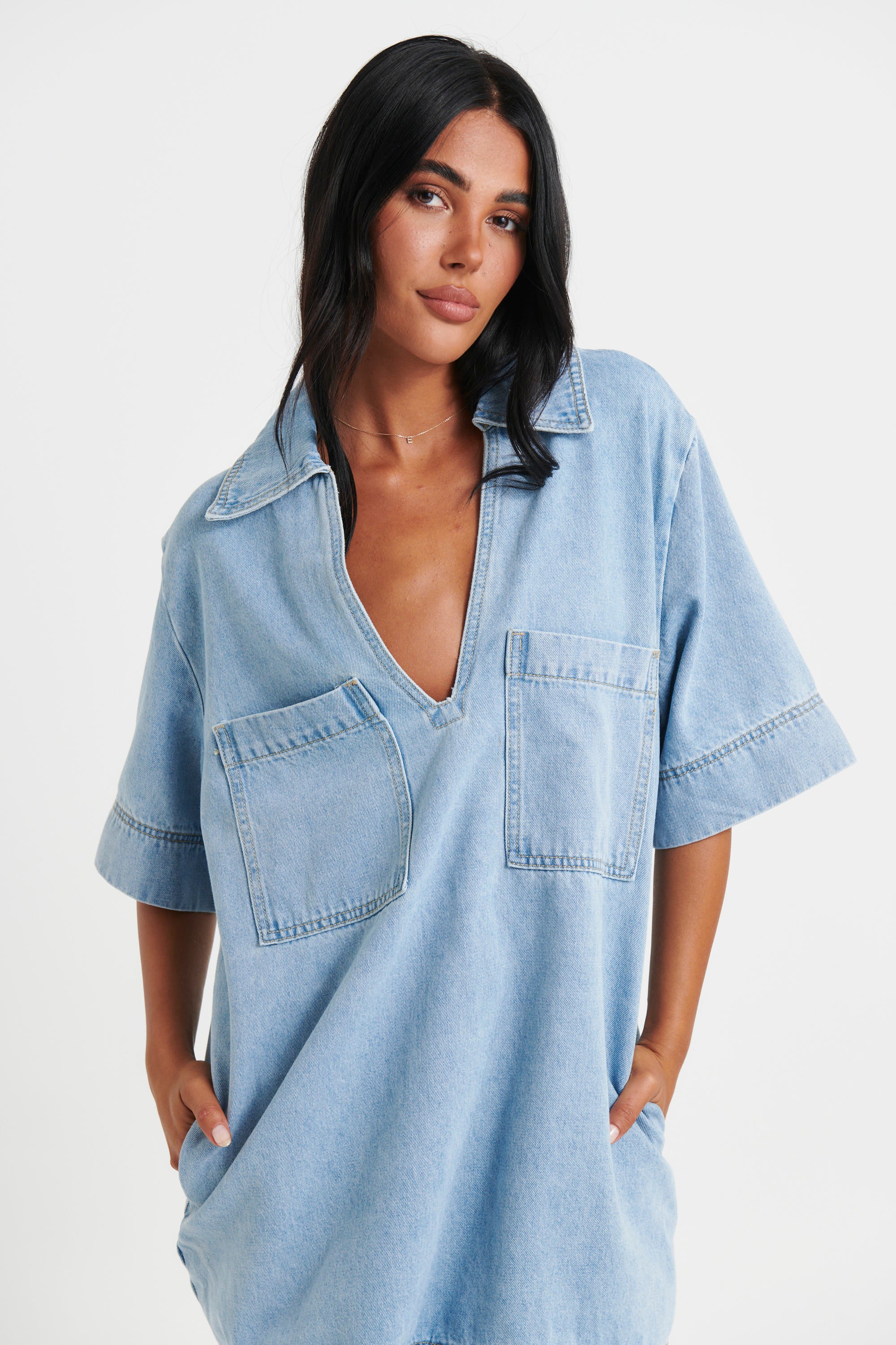 Rhythm Mini Denim Dress Sky Blue