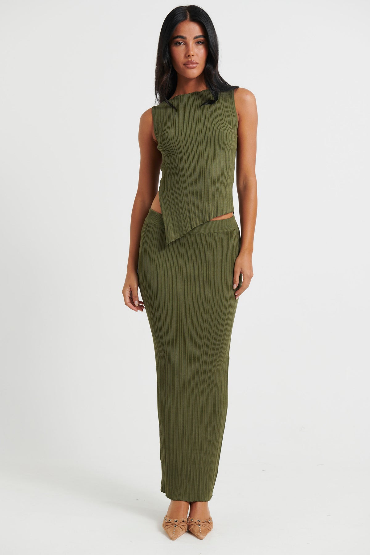 Bella Ribbed Skirt Khaki - FINAL SALE