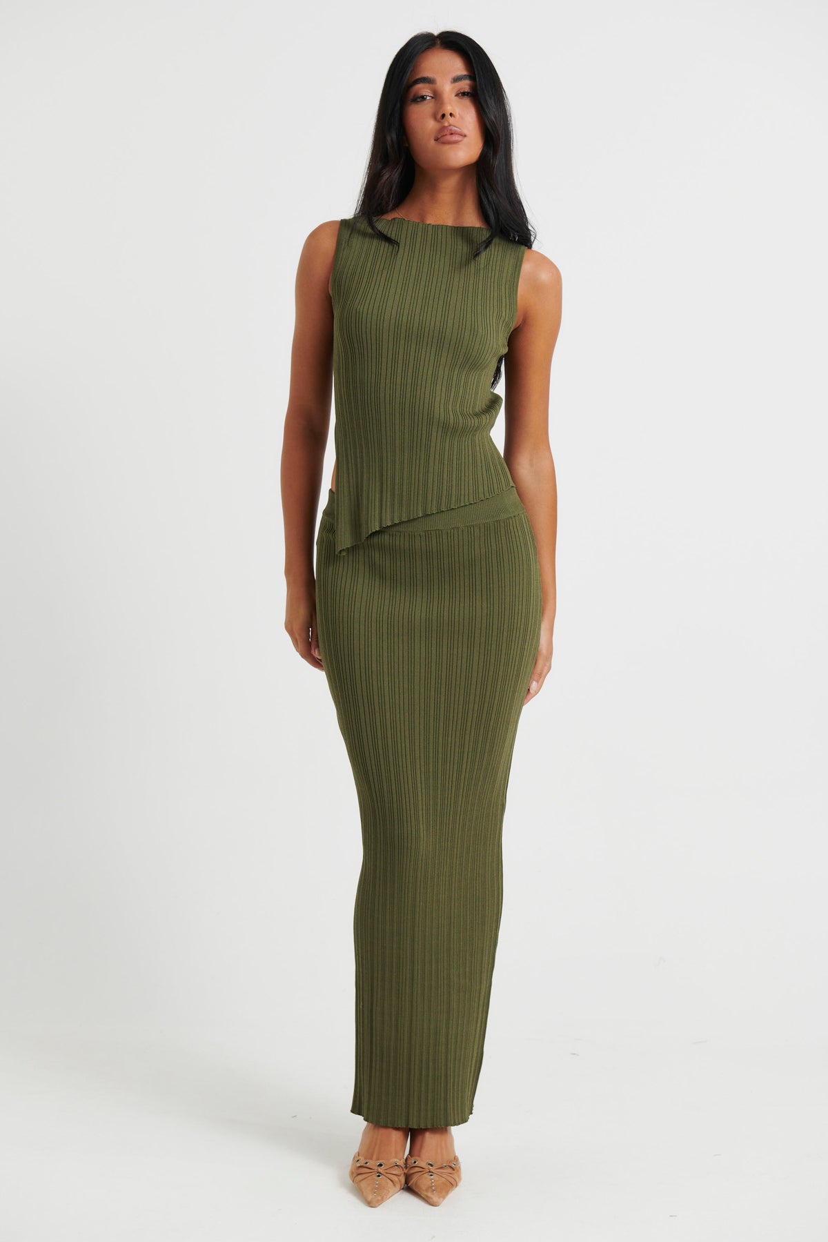 Bella Ribbed Skirt Khaki - FINAL SALE