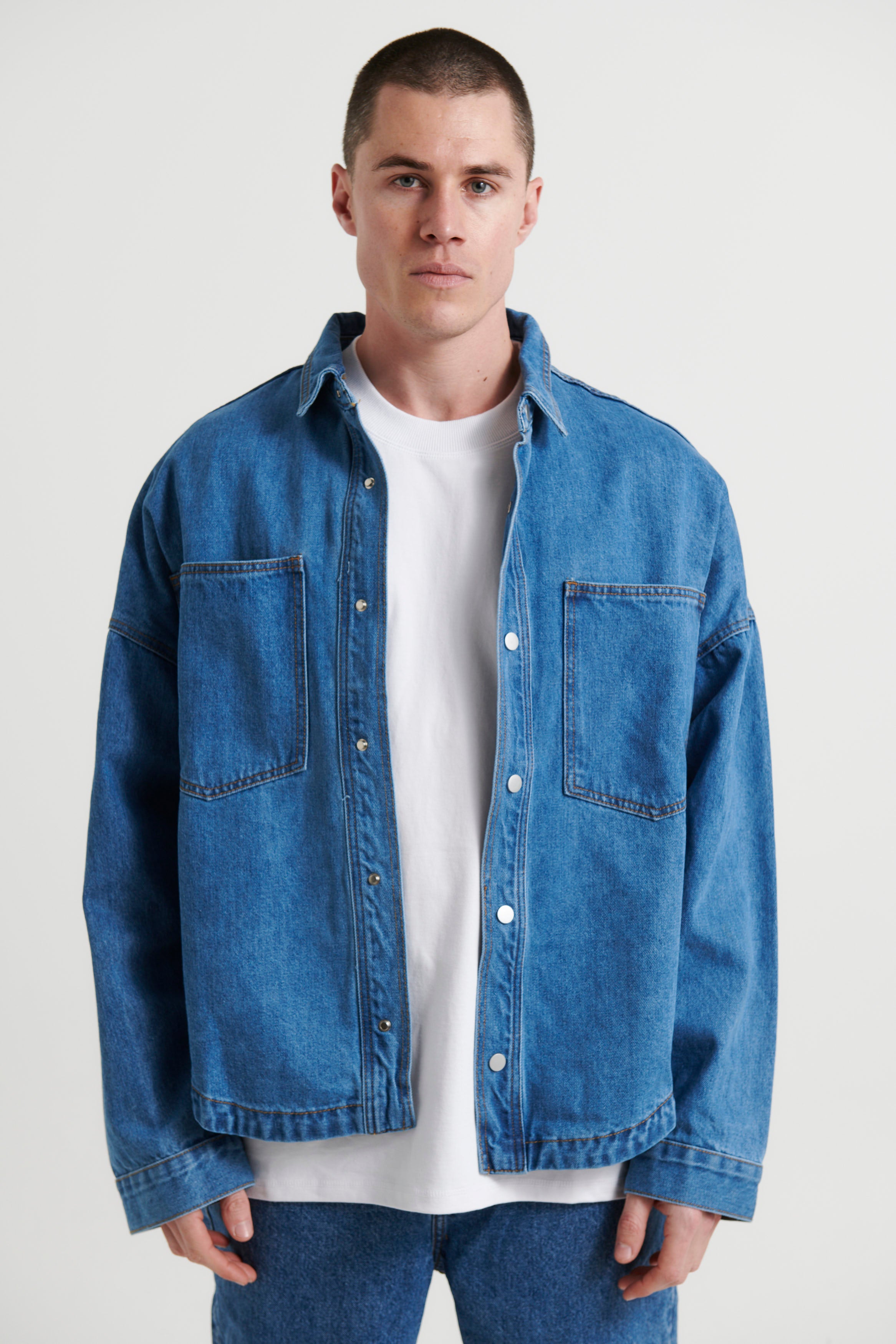 Drop Shoulder Denim Shirt Blue