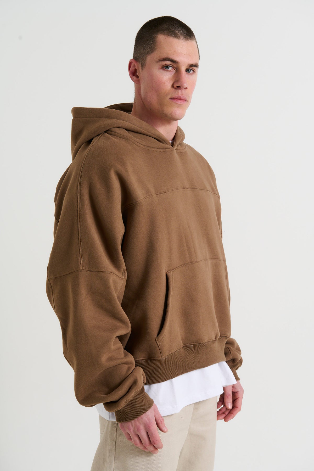 Panel Drop Sleeve Heavyweight Hoodie Choc - FINAL SALE