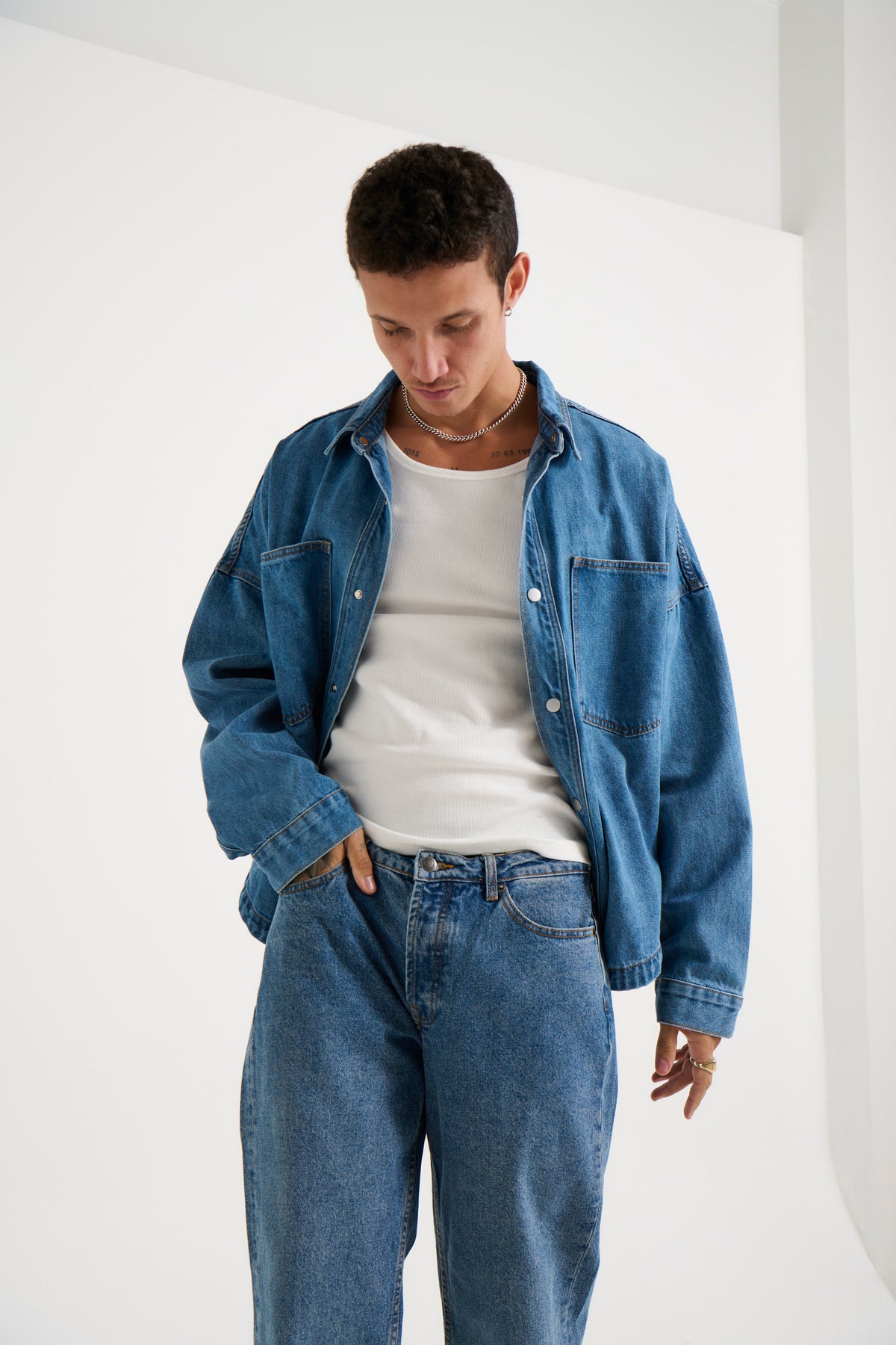 Drop Denim Shoulder Shirt Ocean