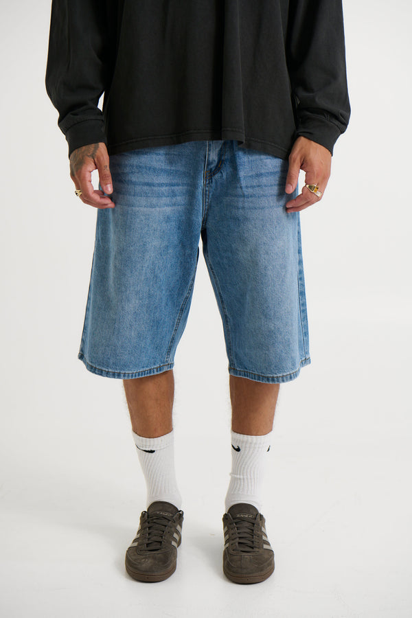 Flint Baggy Denim Jort Mid Blue