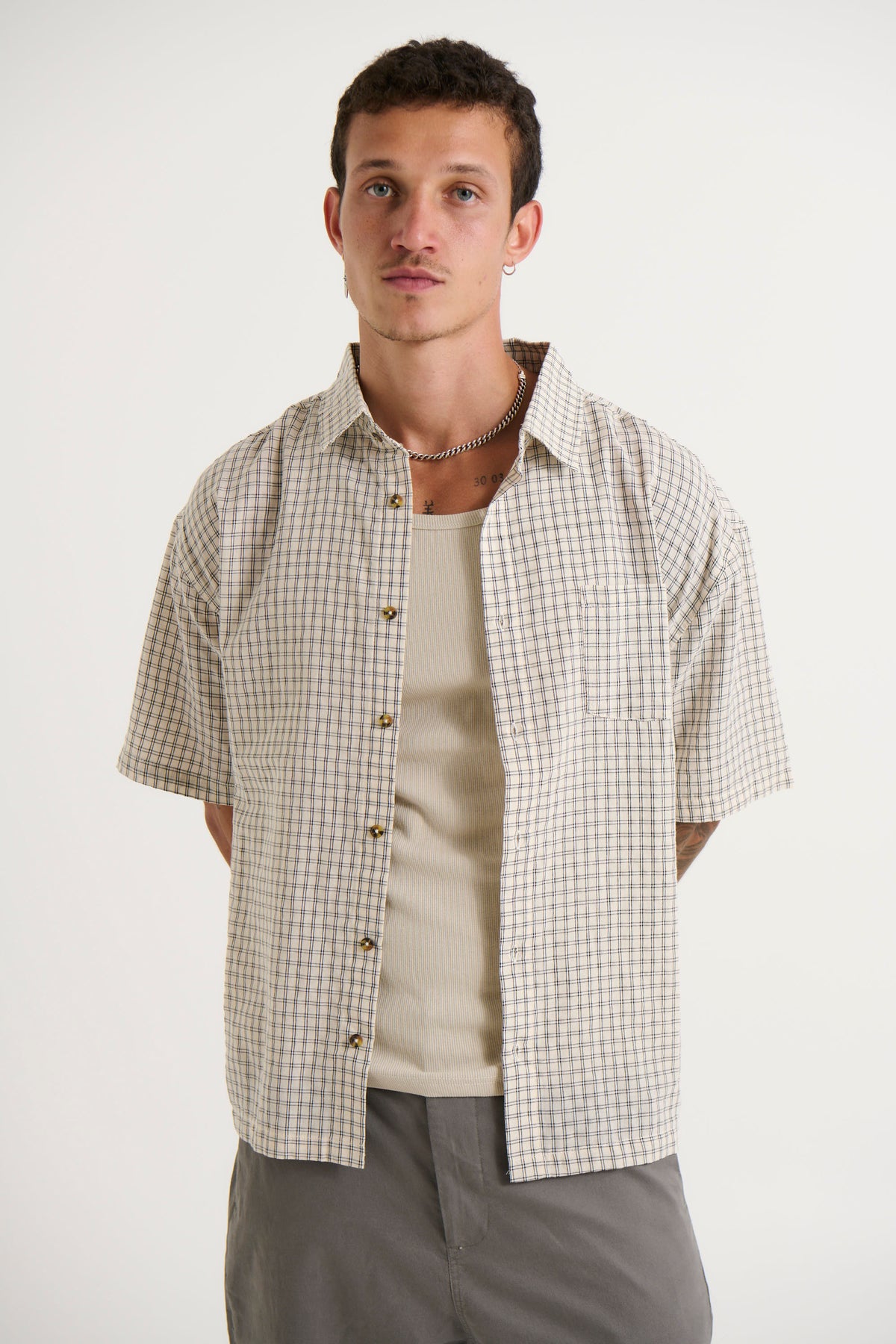 Nathaniel Drop Shirt Check Ivory