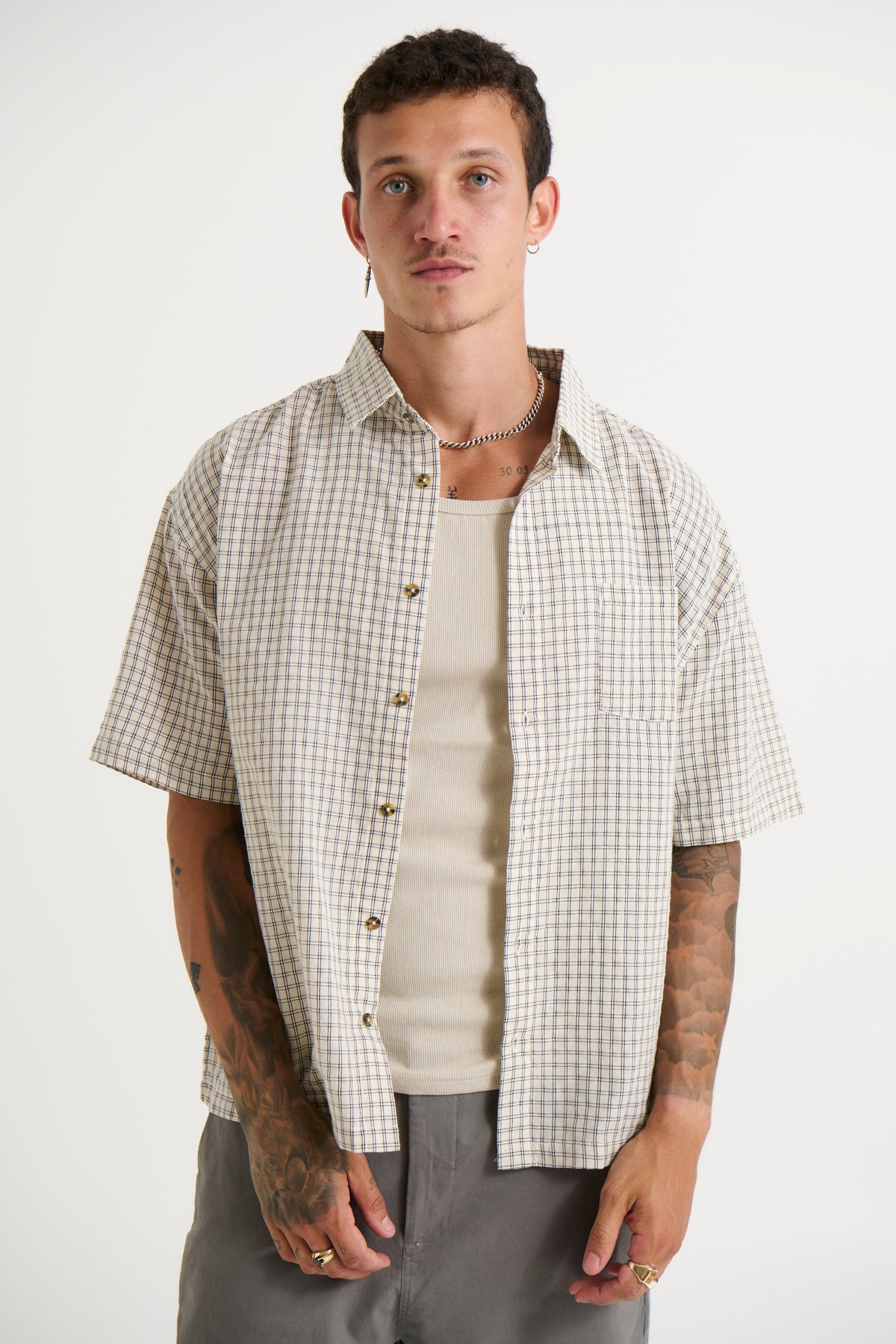 Nathaniel Drop Shirt Check Ivory