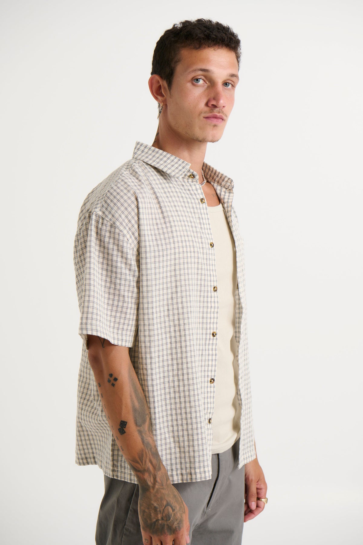 Nathaniel Drop Shirt Check Ivory