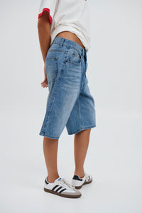 Unisex Flint Baggy Denim Jort Mid Blue