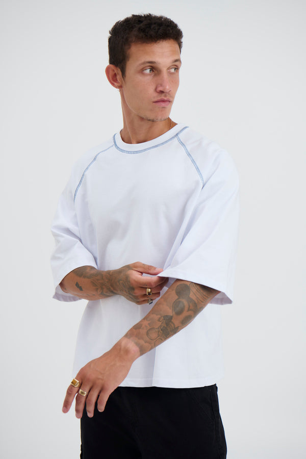 Contrast Stitch Raglan Tee White