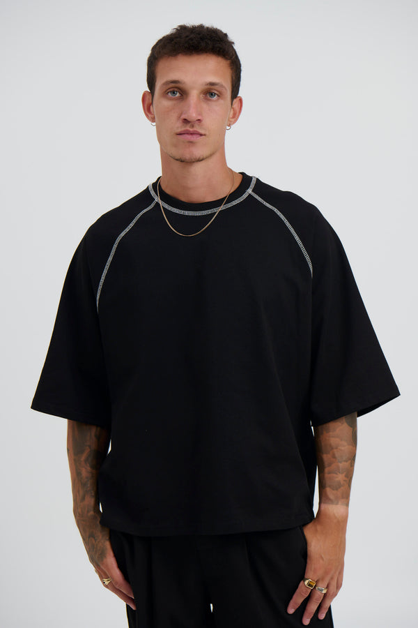 Contrast Stitch Raglan Tee Black