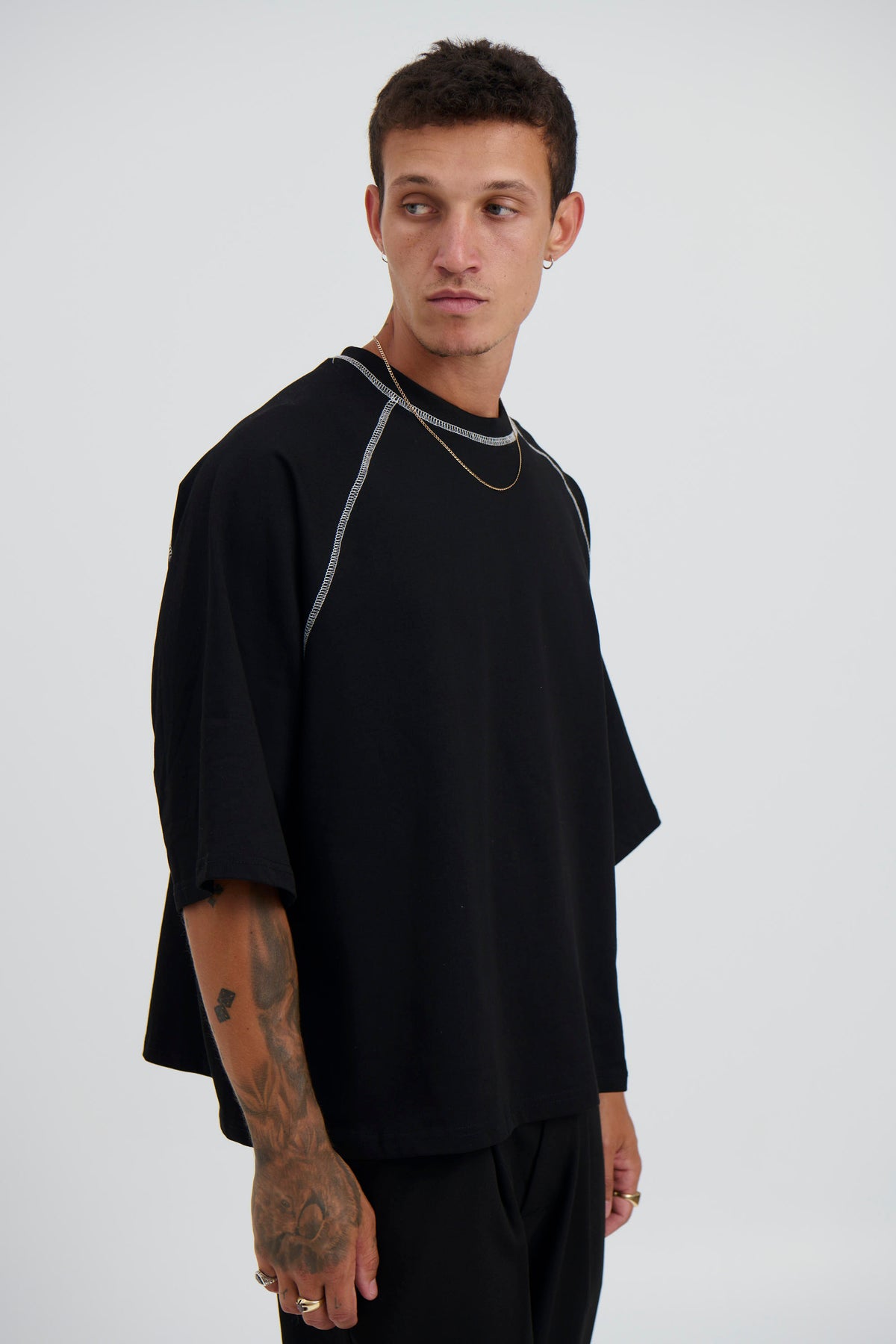 Contrast Stitch Raglan Tee Black