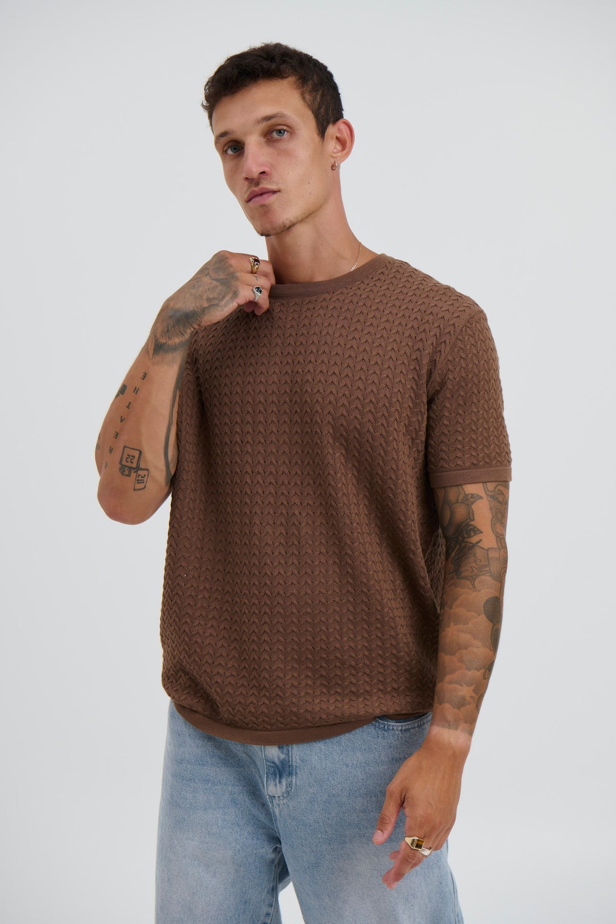 Carter Knitted Crew Tee Choc