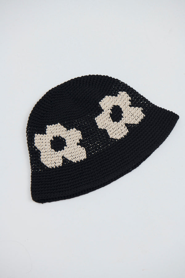 Crochet Bucket Hat Flower Black