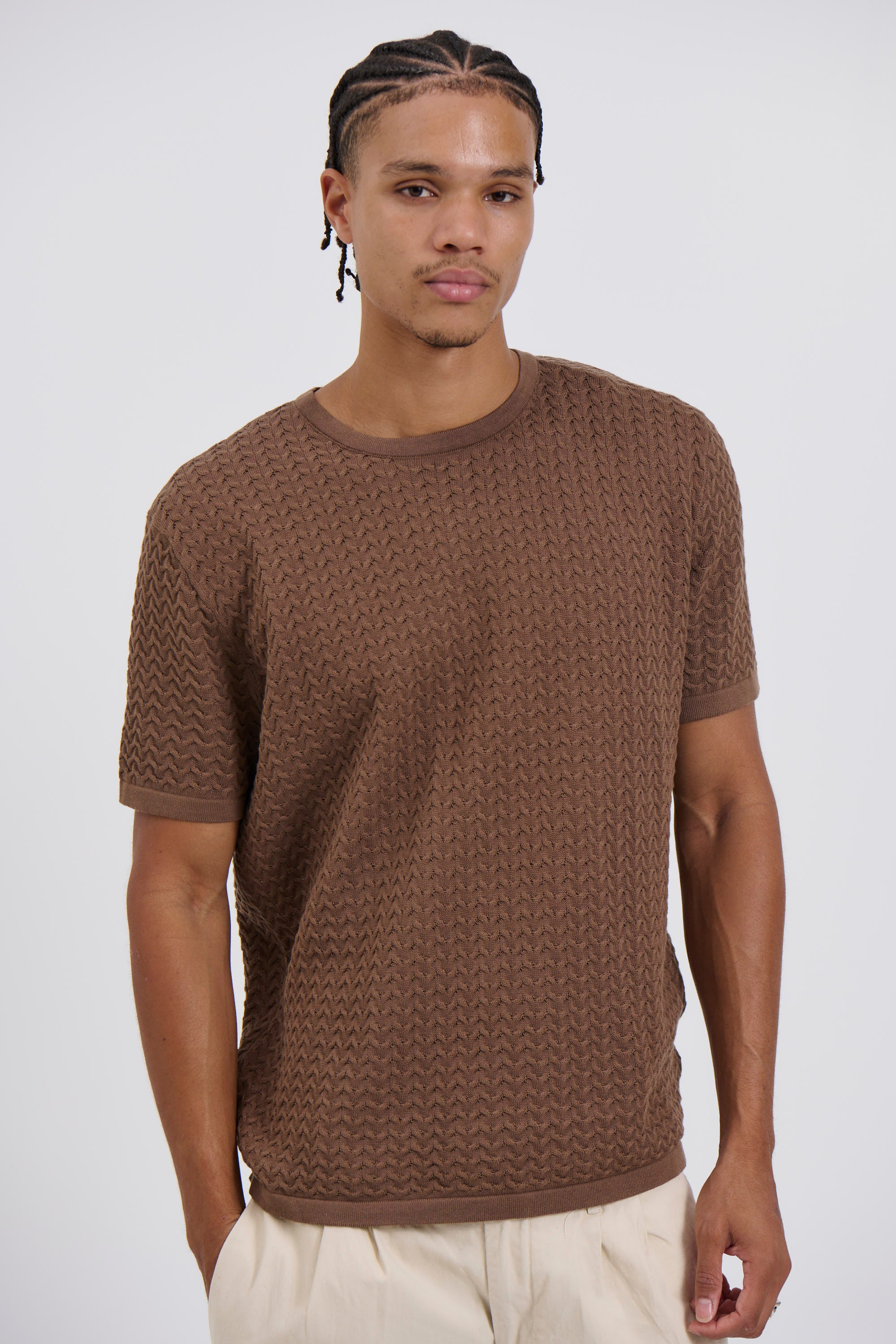 Carter Knitted Crew Tee Choc