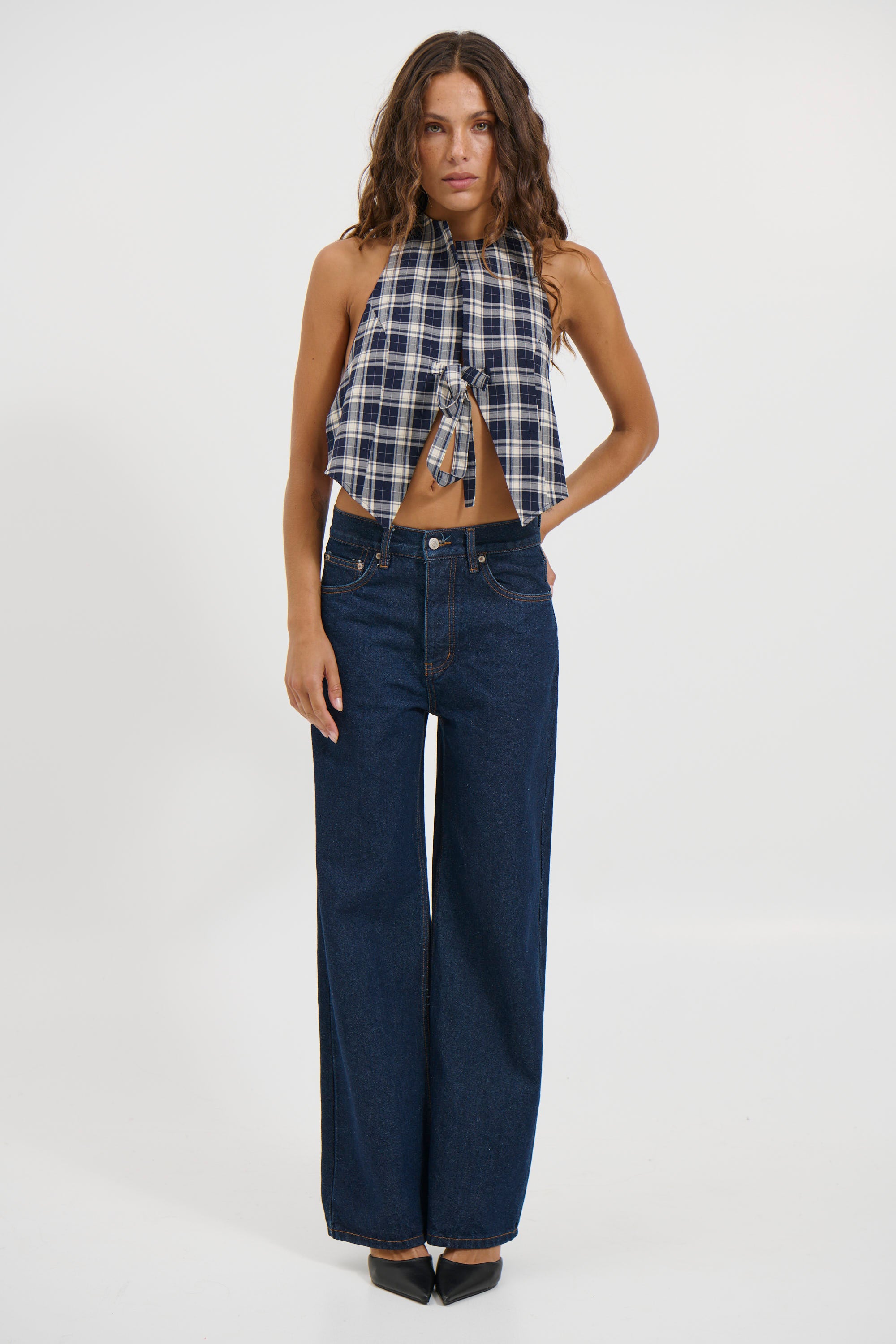 Butterfly Tie Top Navy Check