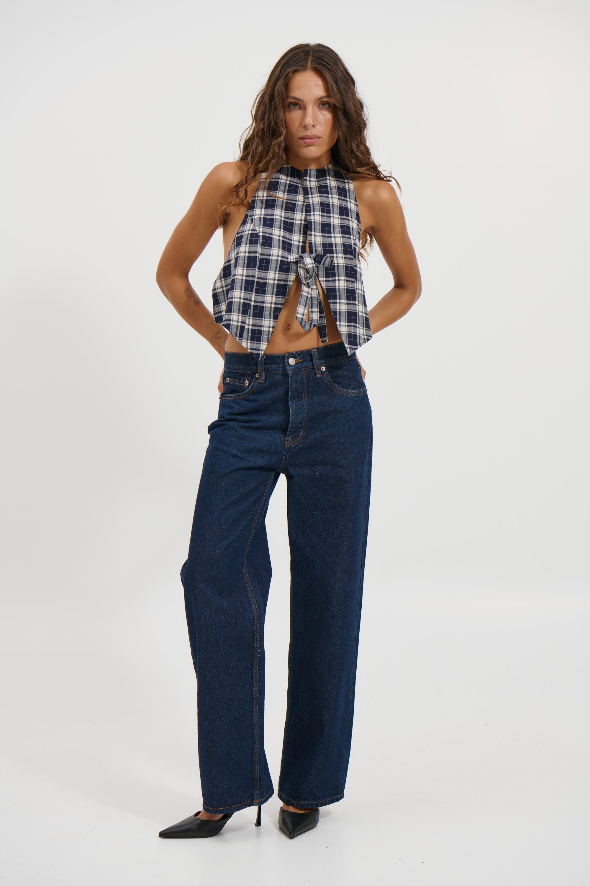 Butterfly Tie Top Navy Check