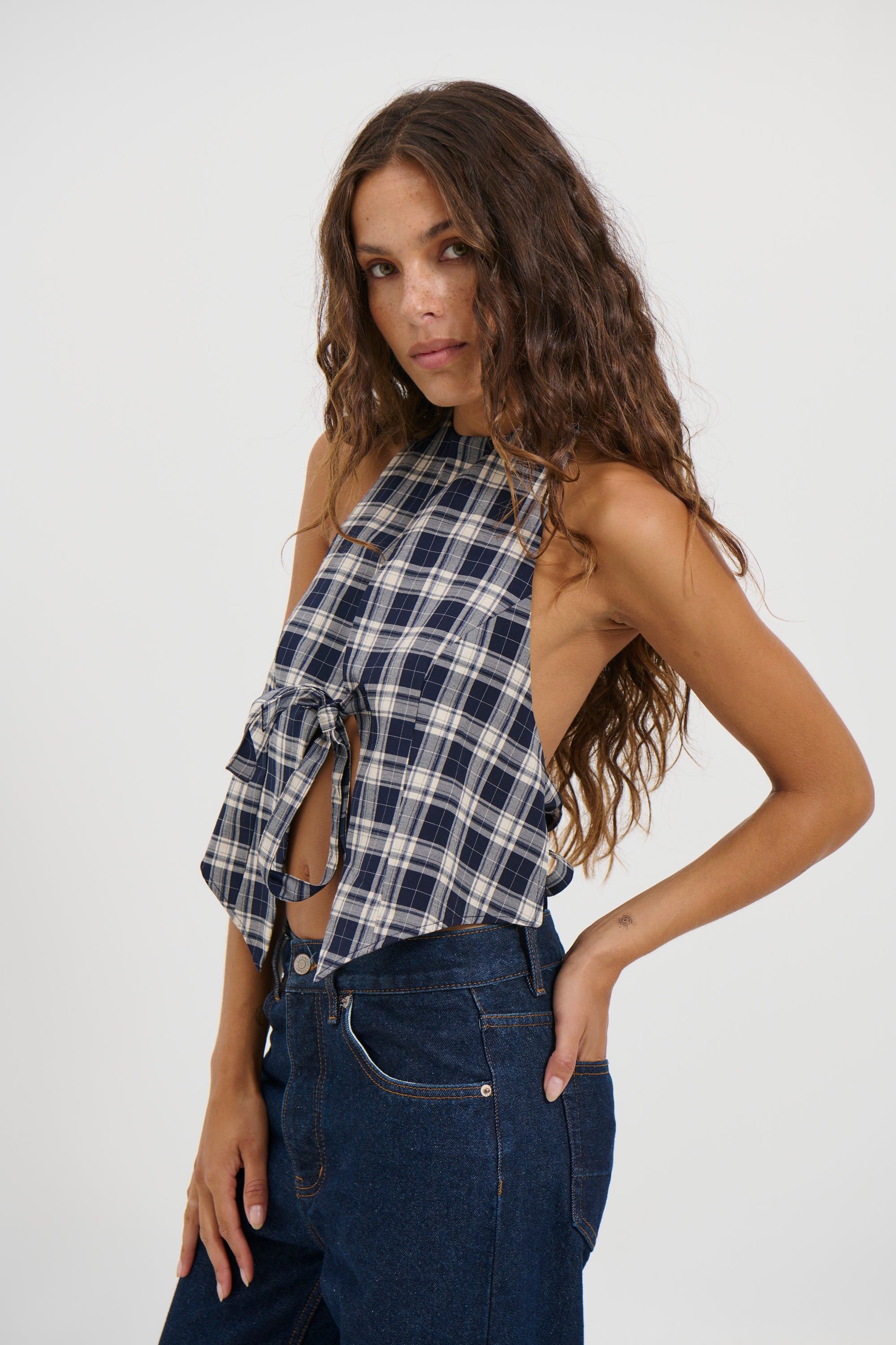 Butterfly Tie Top Navy Check