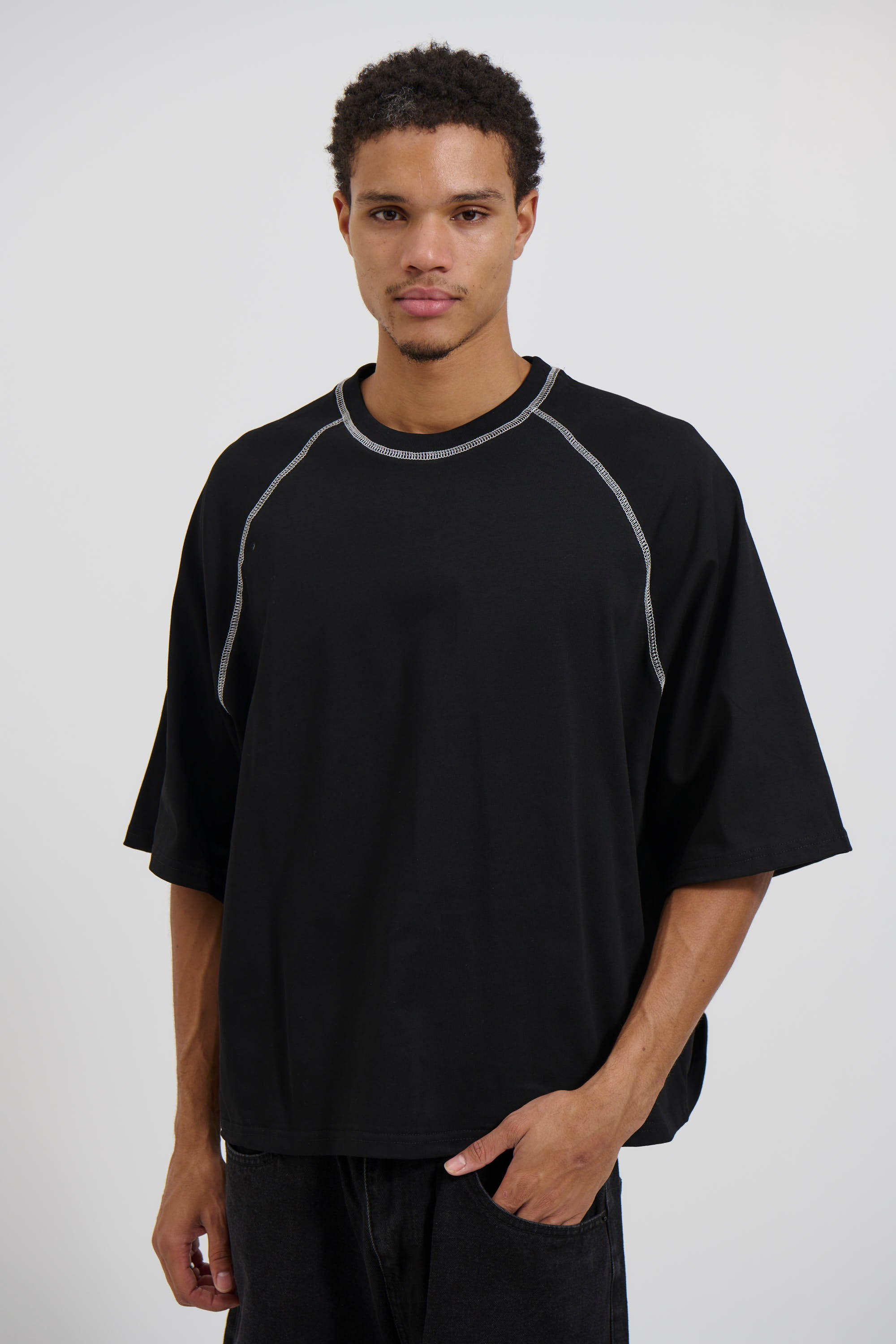 Contrast Stitch Raglan Tee Black