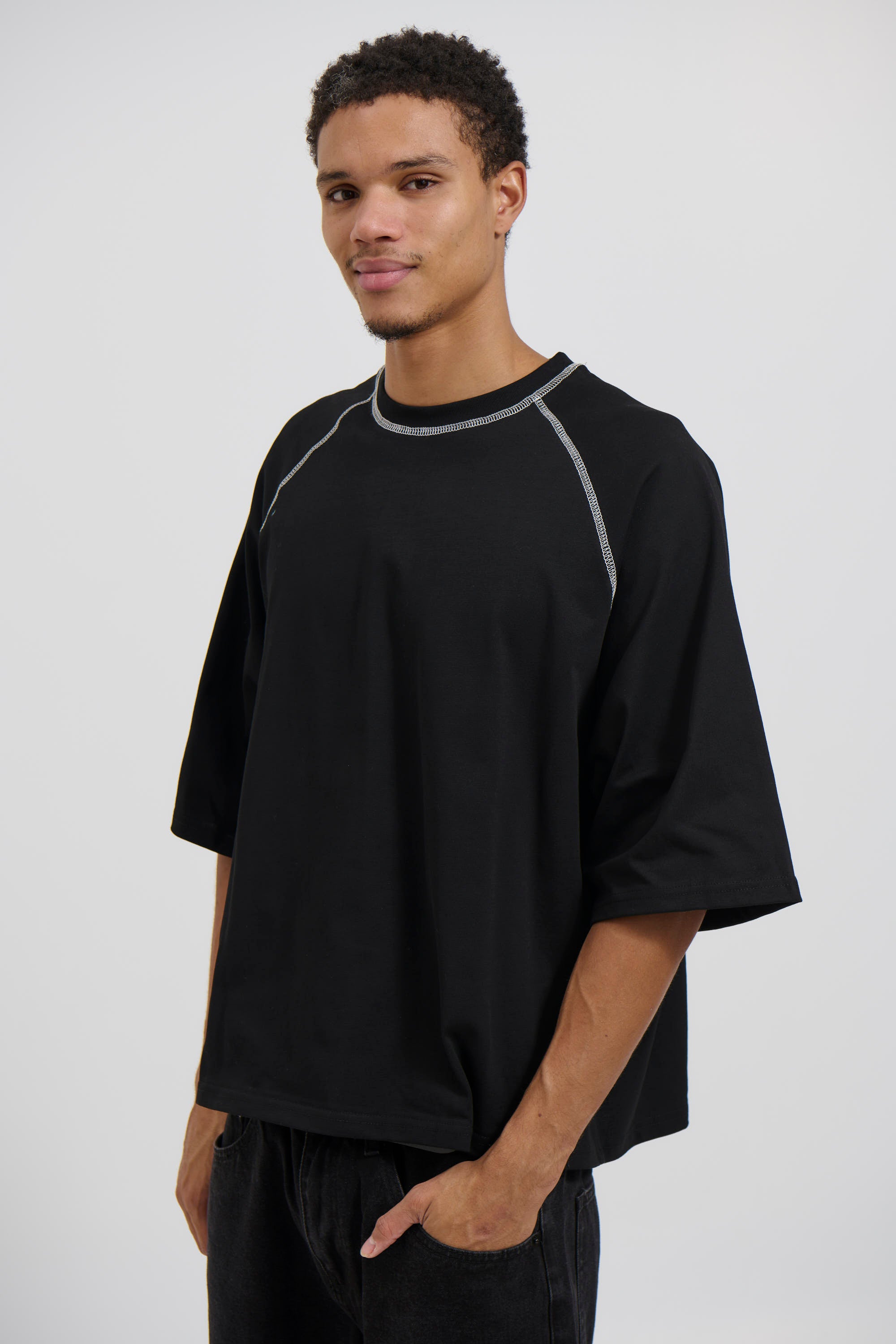 Contrast Stitch Raglan Tee Black