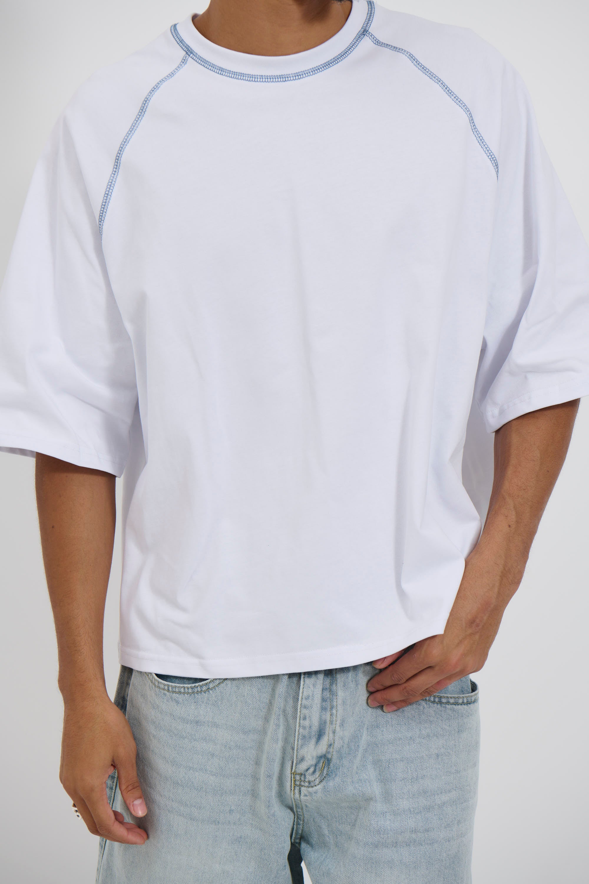 Contrast Stitch Raglan Tee White
