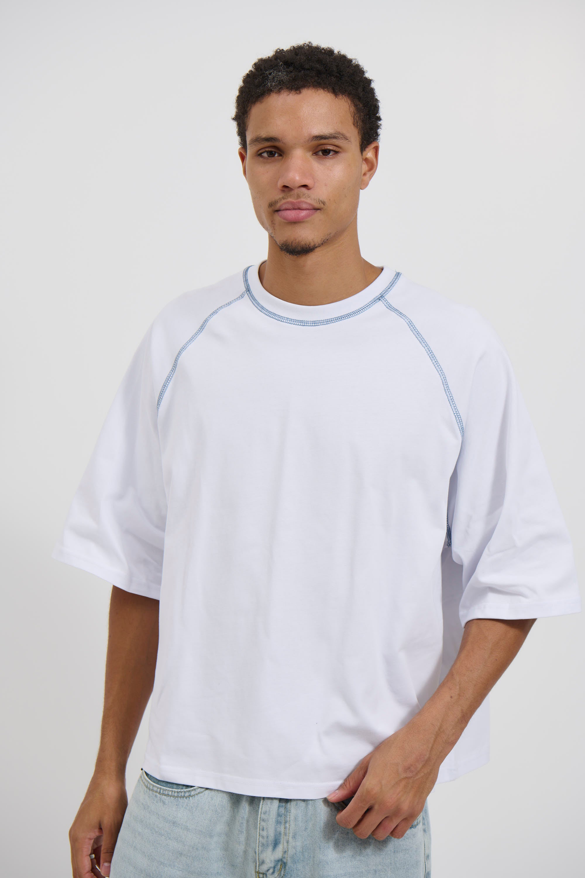 Contrast Stitch Raglan Tee White