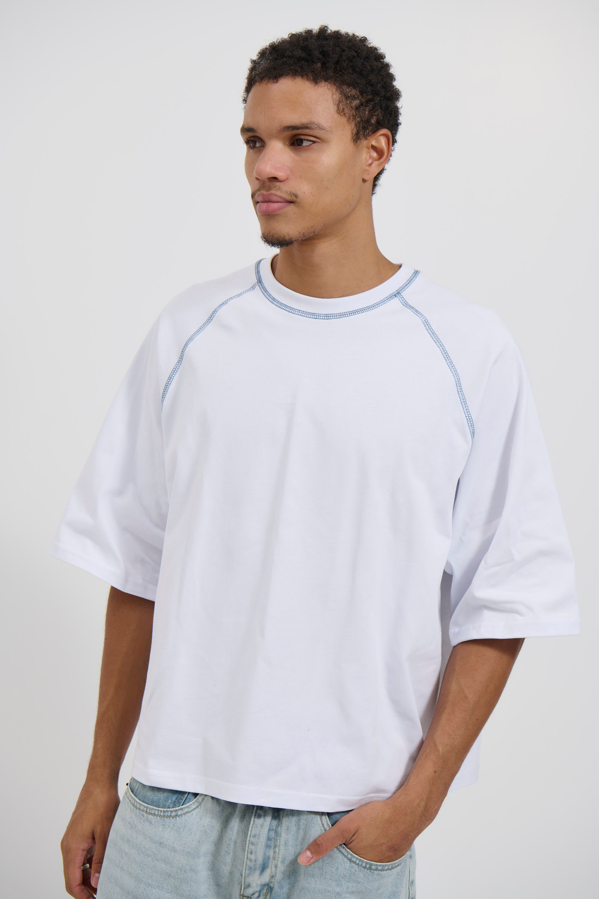Contrast Stitch Raglan Tee White