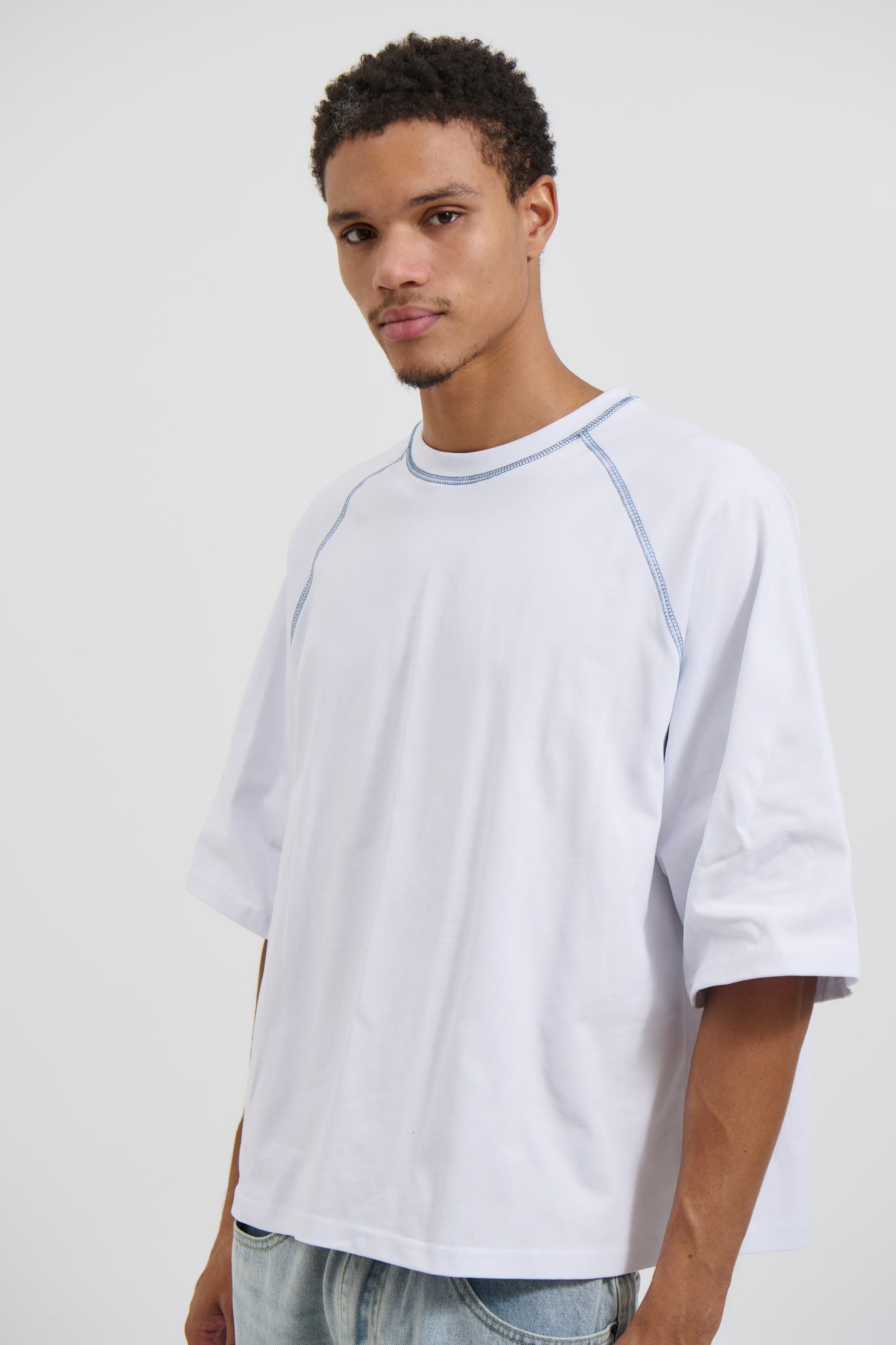 Contrast Stitch Raglan Tee White