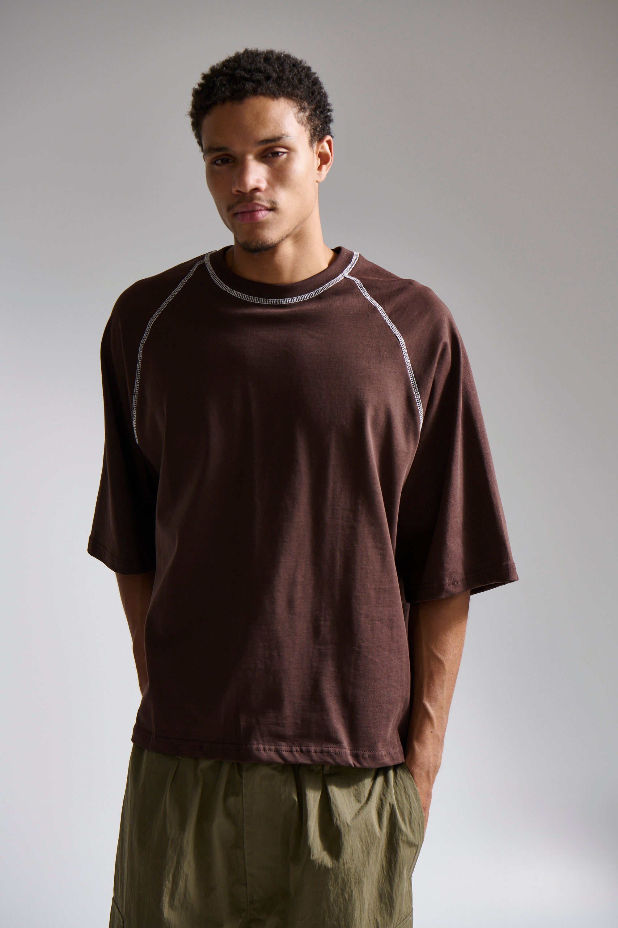 Contrast Stitch Raglan Tee Dark Brown