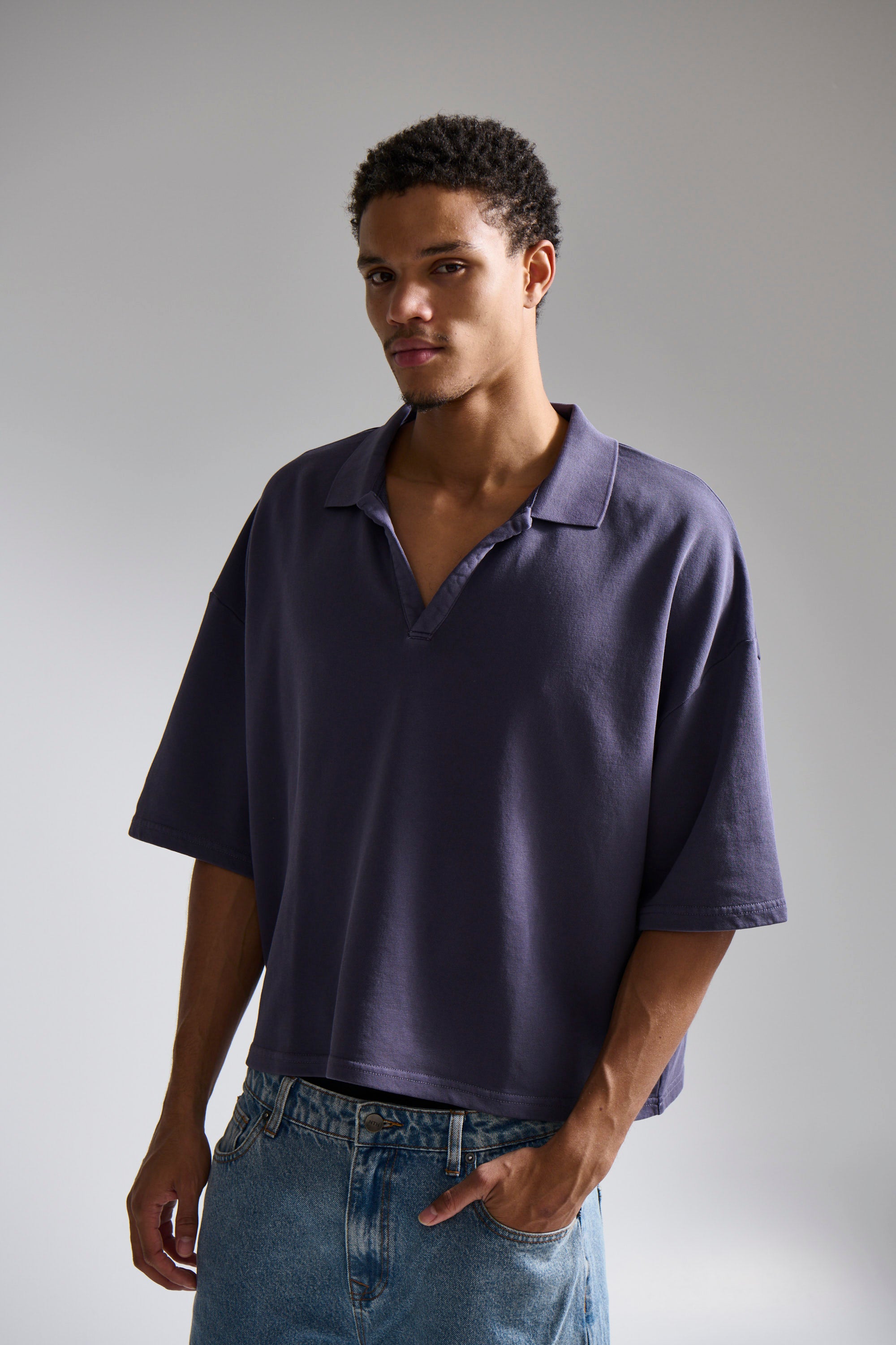 Jersey Crop Polo Washed Navy