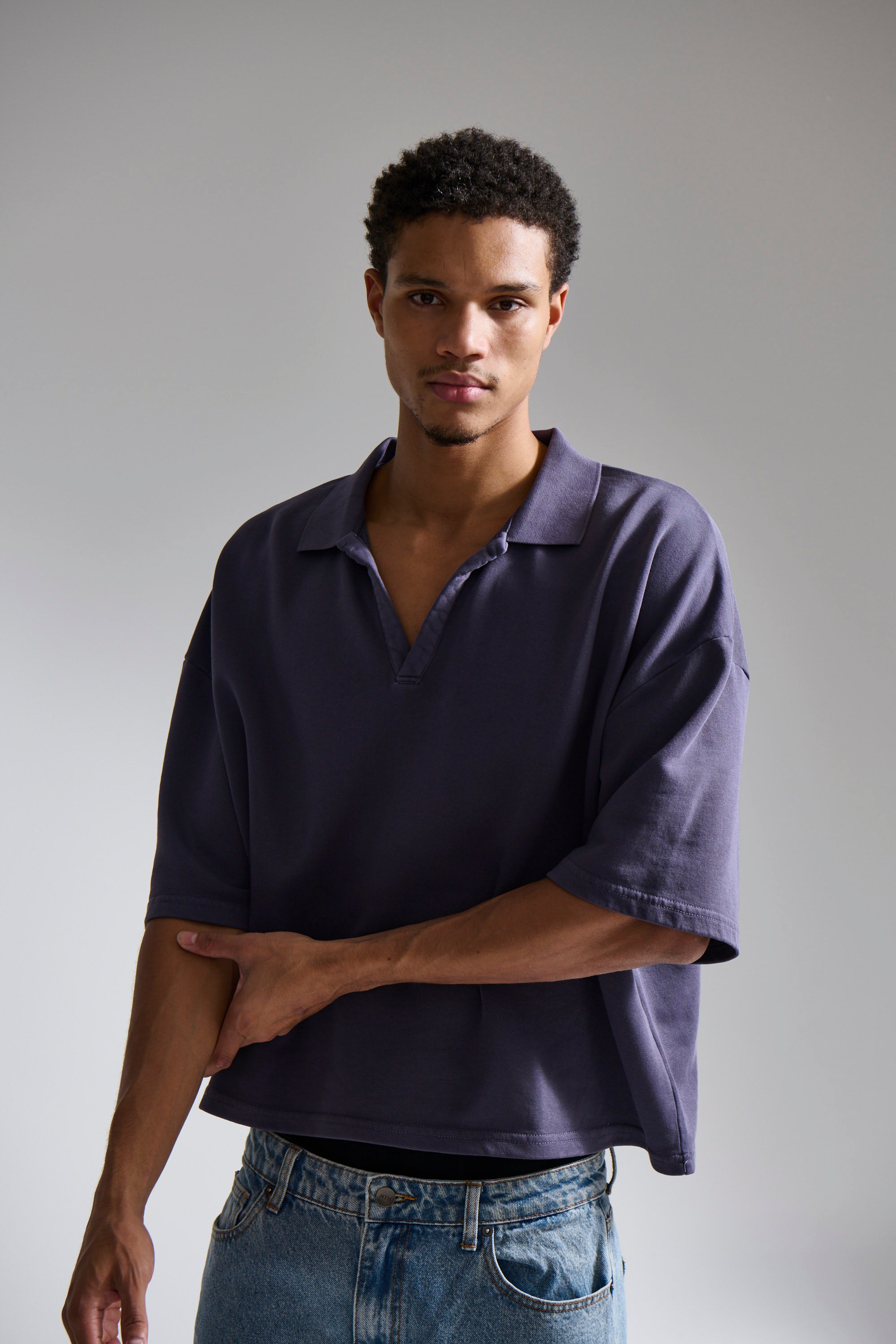 Jersey Crop Polo Washed Navy