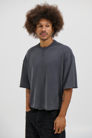 Crop Box Fleece Tee Charcoal