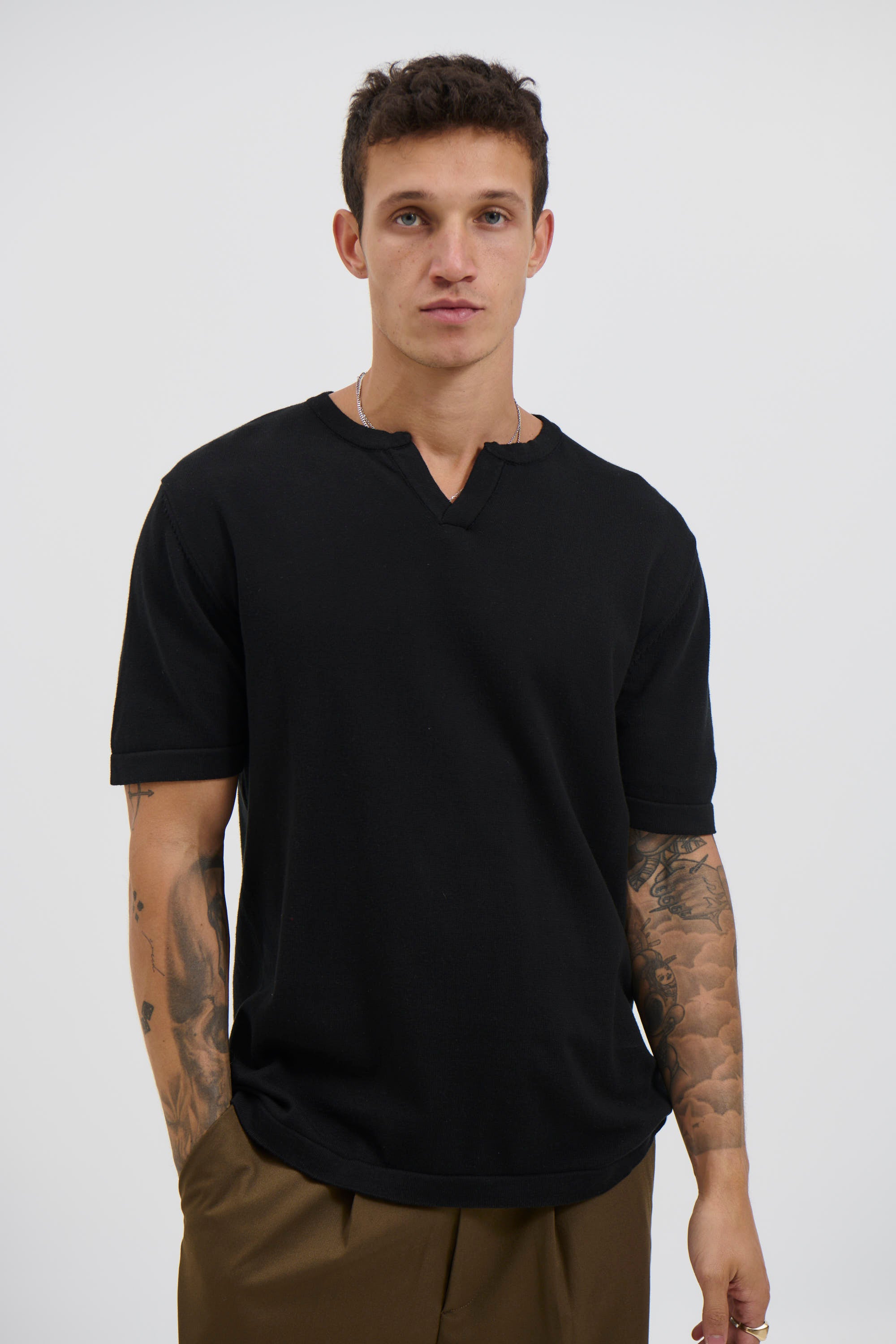 Knitted Split Neck Tee Black