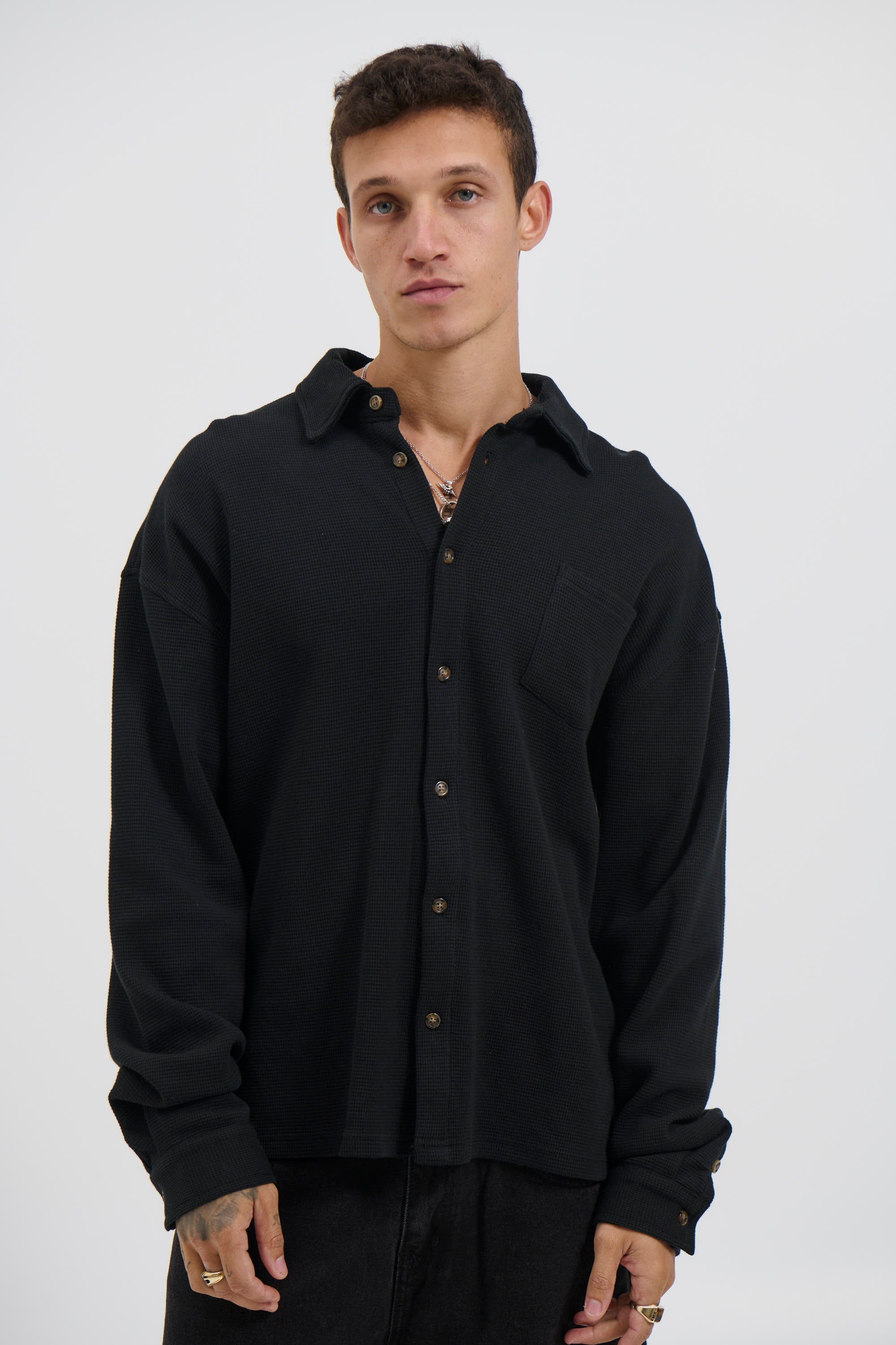 Long Sleeve Waffle Shirt Black