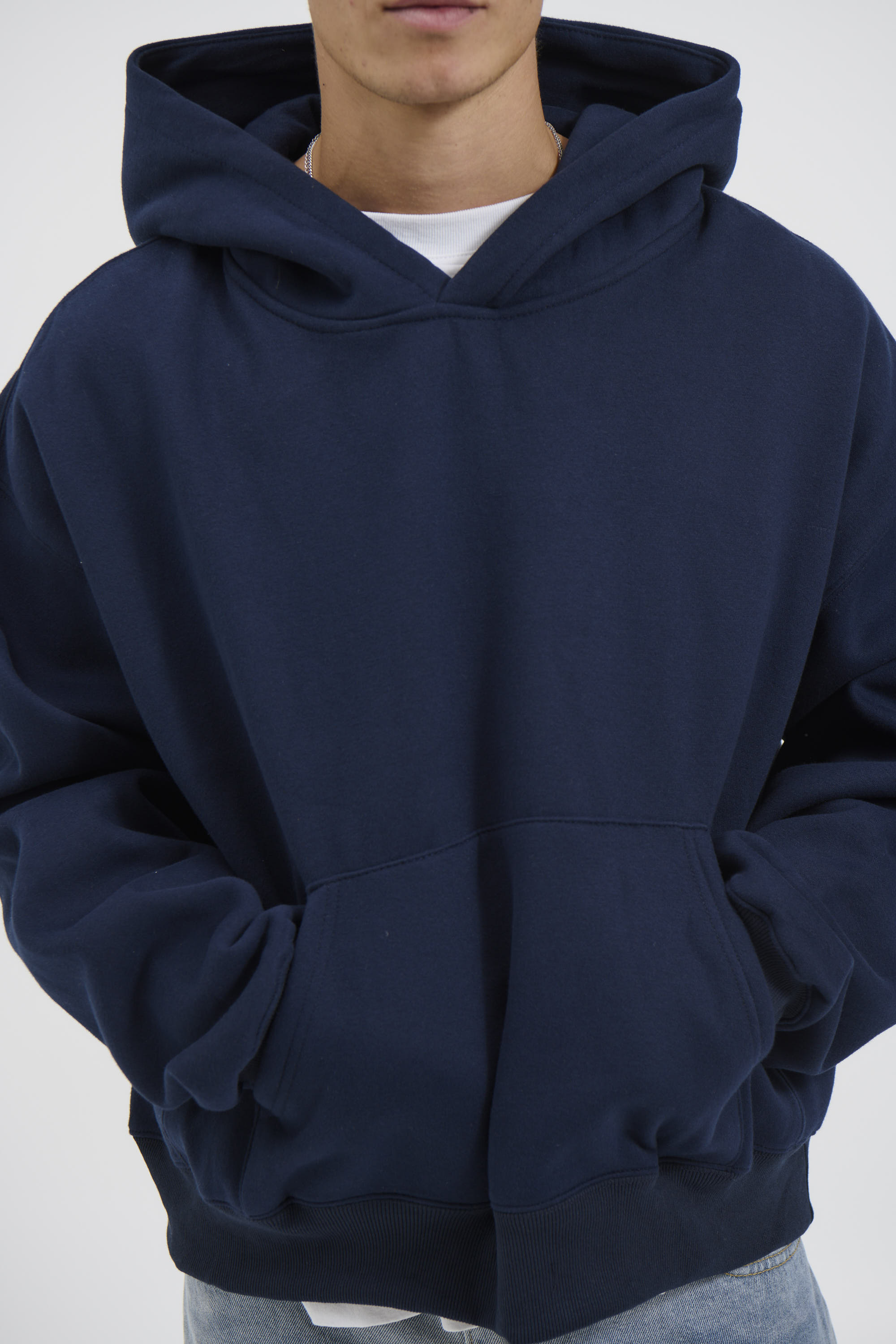 Roman Cropped Drop Hoodie Navy