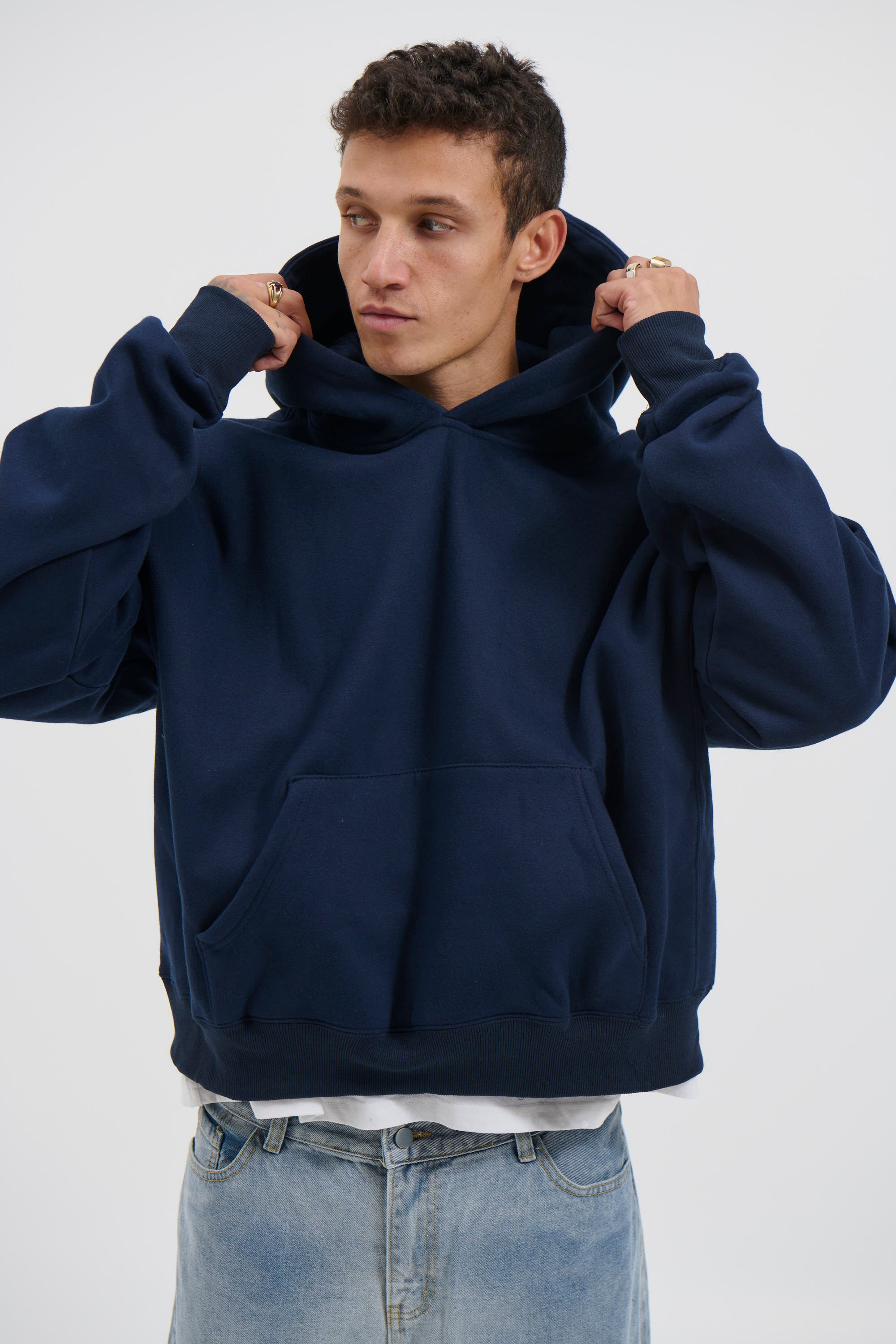 Roman Cropped Drop Hoodie Navy
