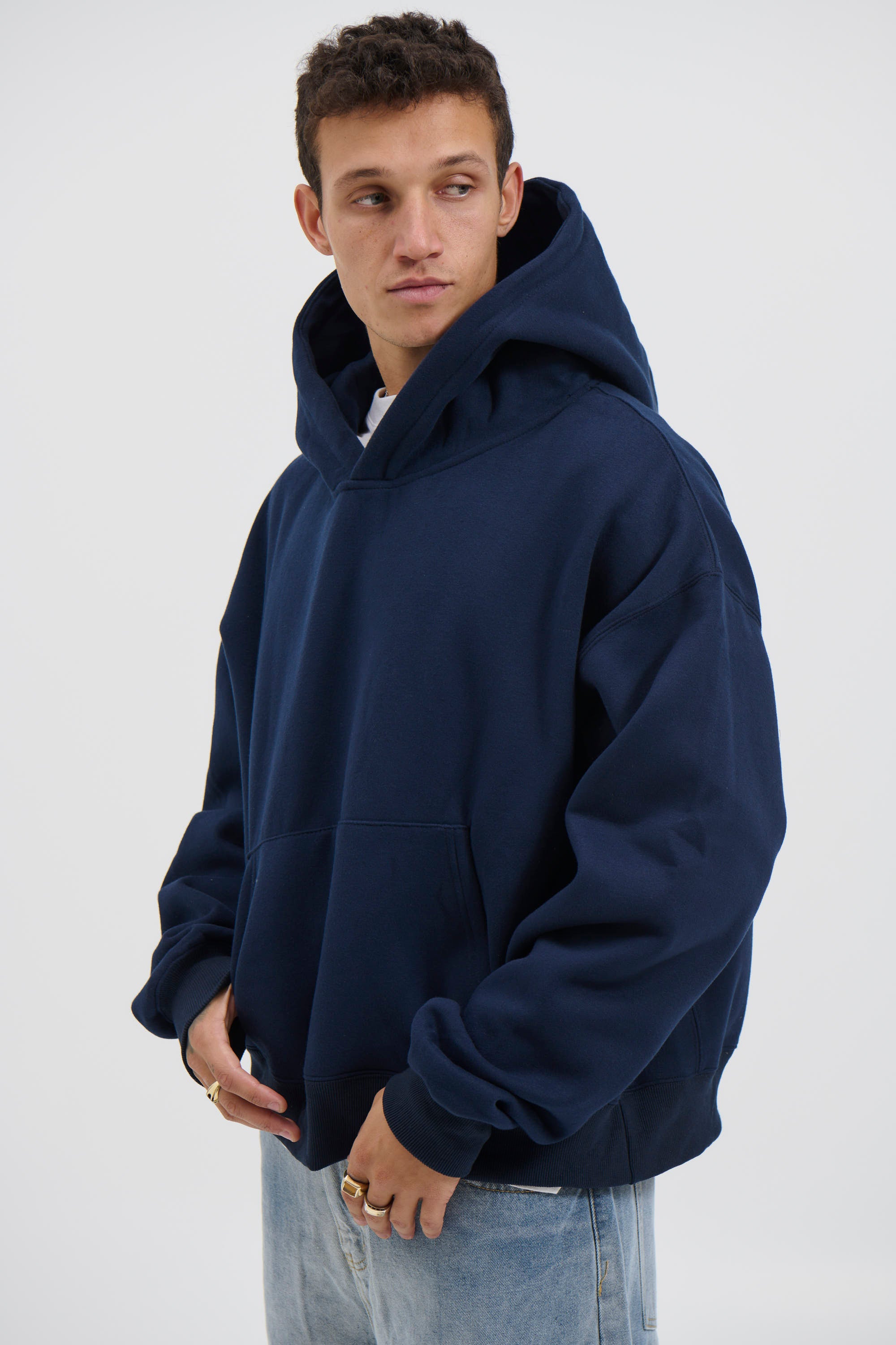 Roman Cropped Drop Hoodie Navy