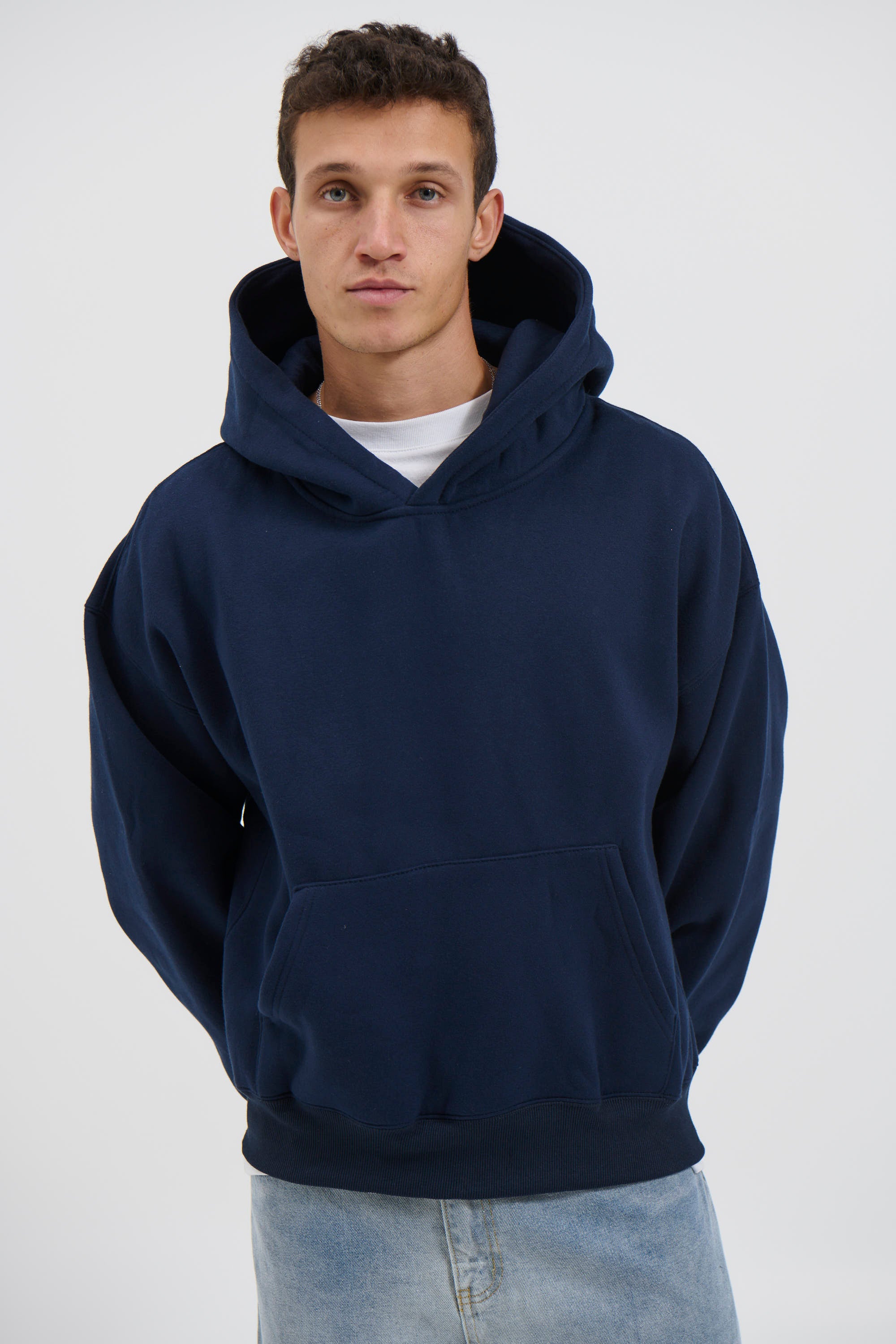 Roman Cropped Drop Hoodie Navy