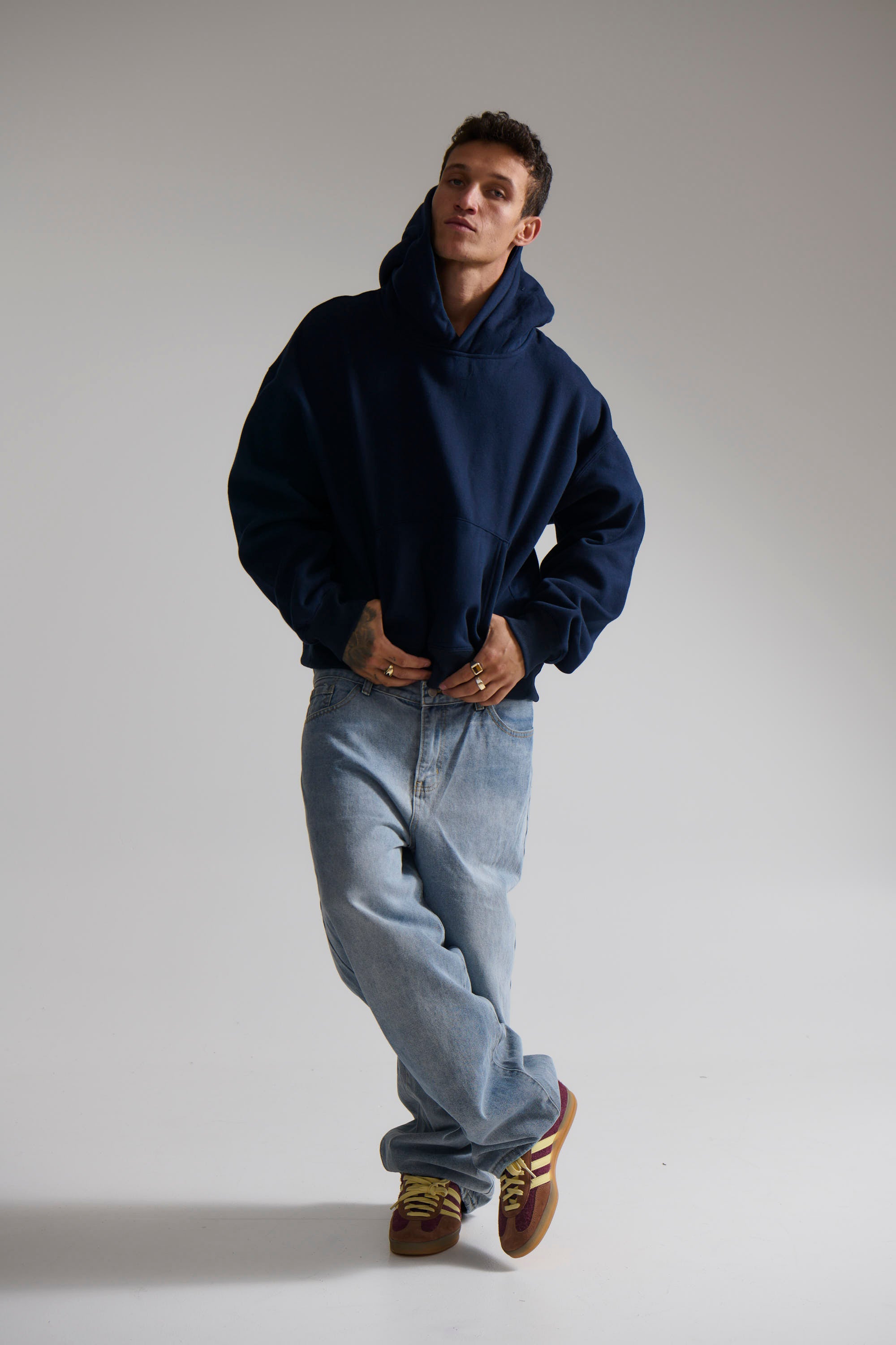 Roman Cropped Drop Hoodie Navy
