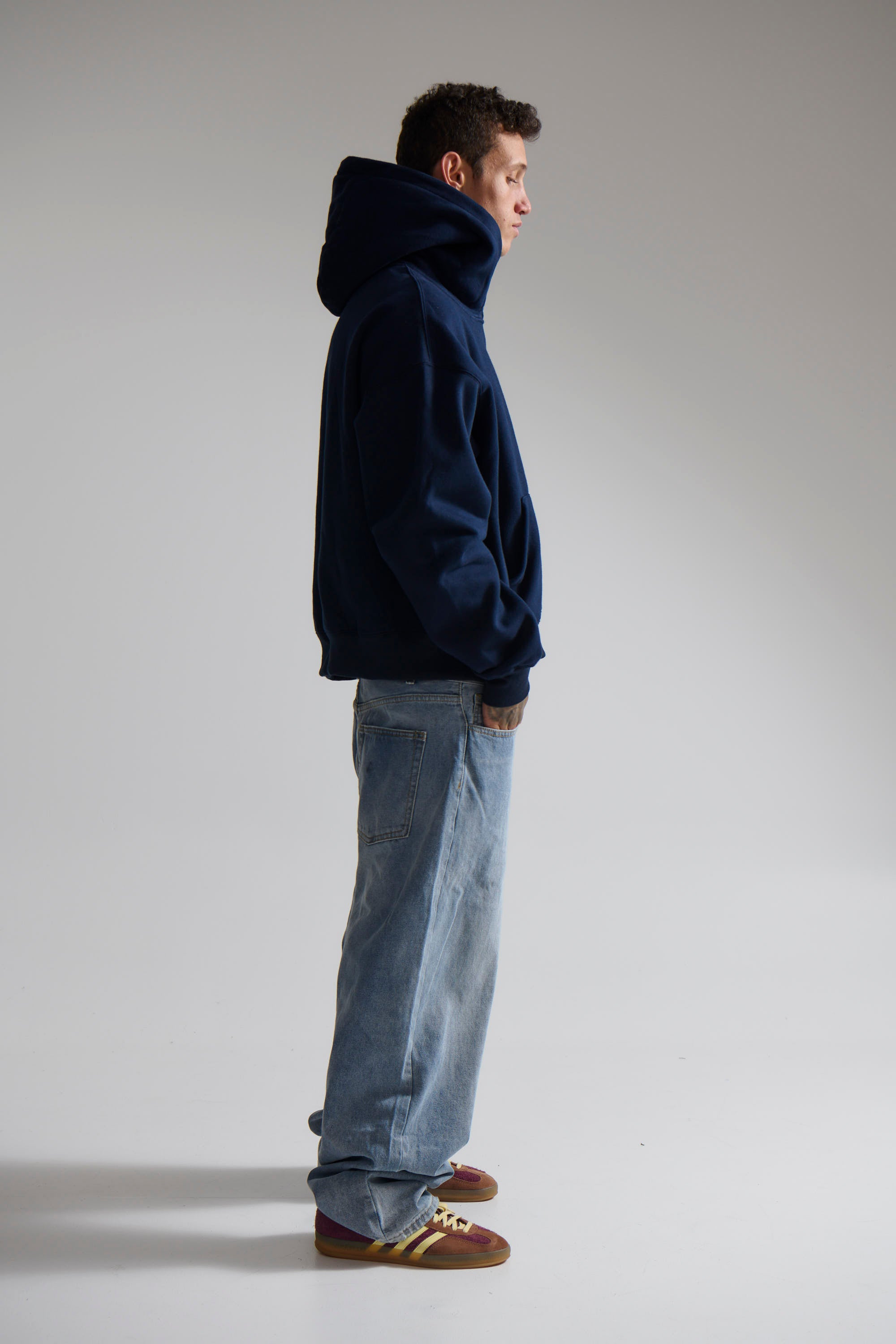 Roman Cropped Drop Hoodie Navy