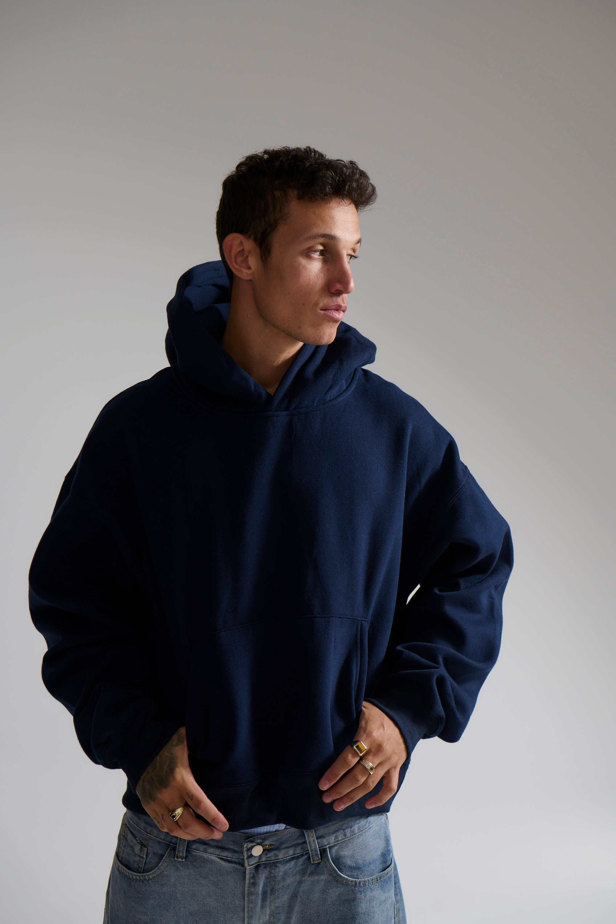 Roman Cropped Drop Hoodie Navy