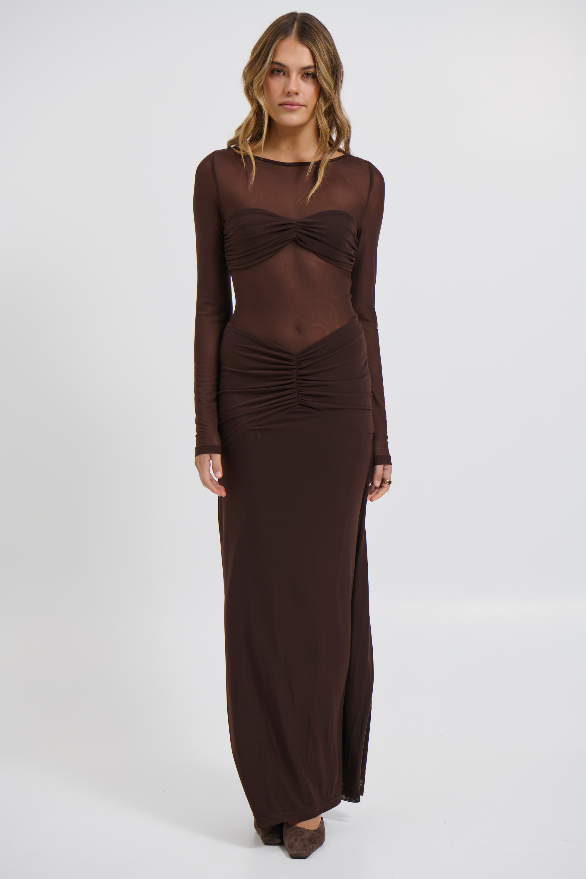 Romy Sleeved Ruched Maxi Dress Bitter Chocolate