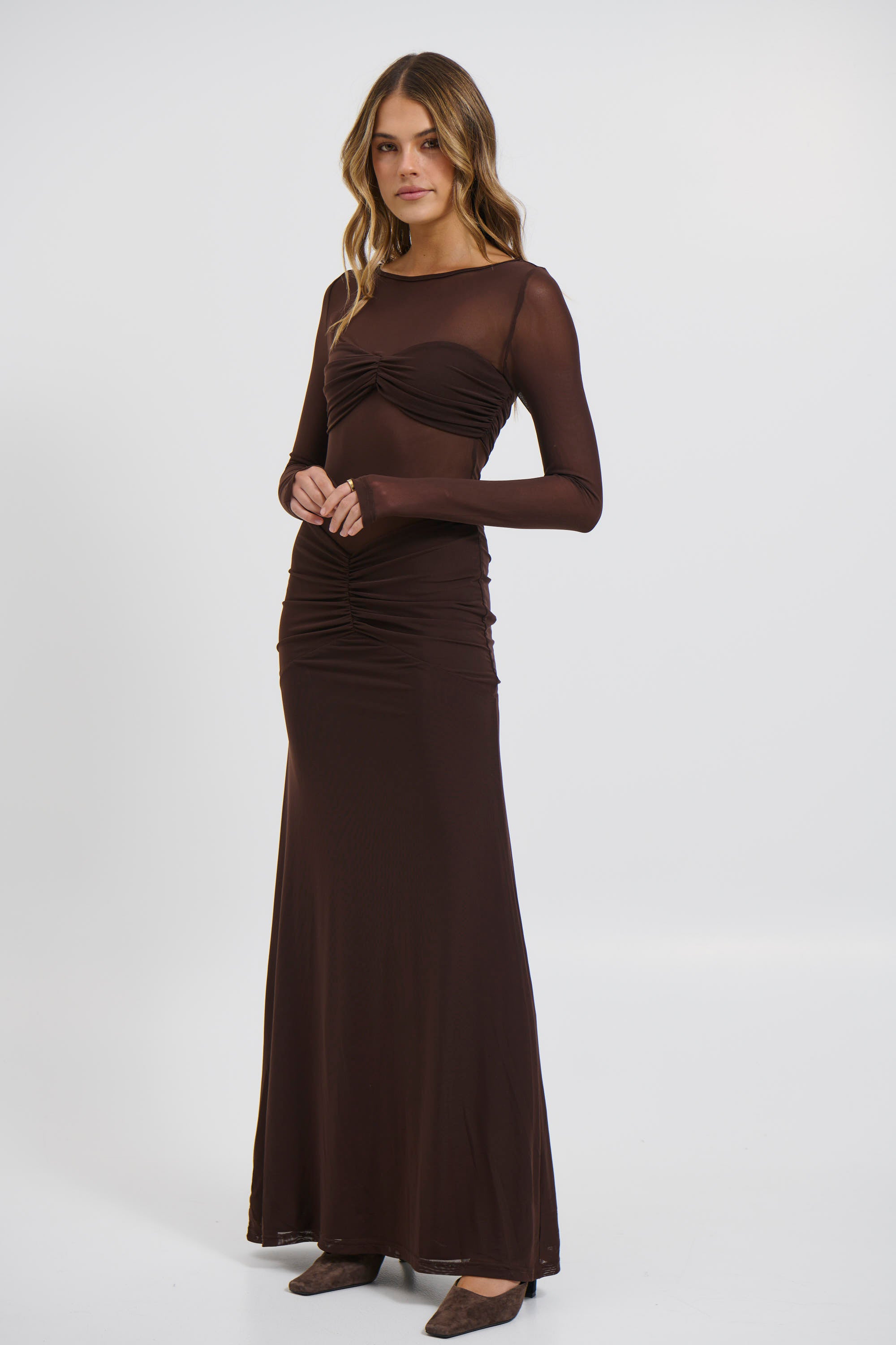 Romy Sleeved Ruched Maxi Dress Bitter Chocolate