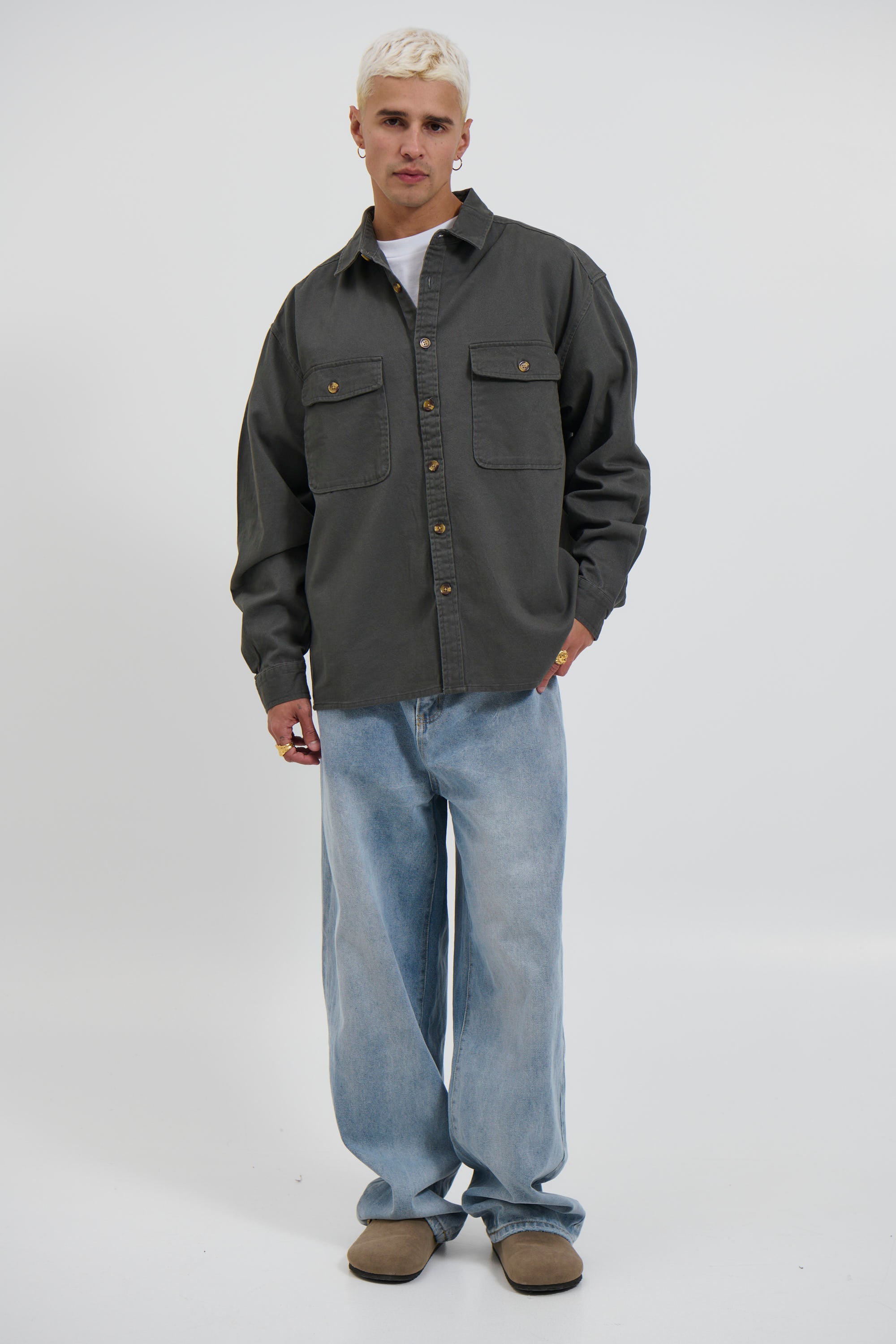 Mike Cotton Drill Shacket Charcoal