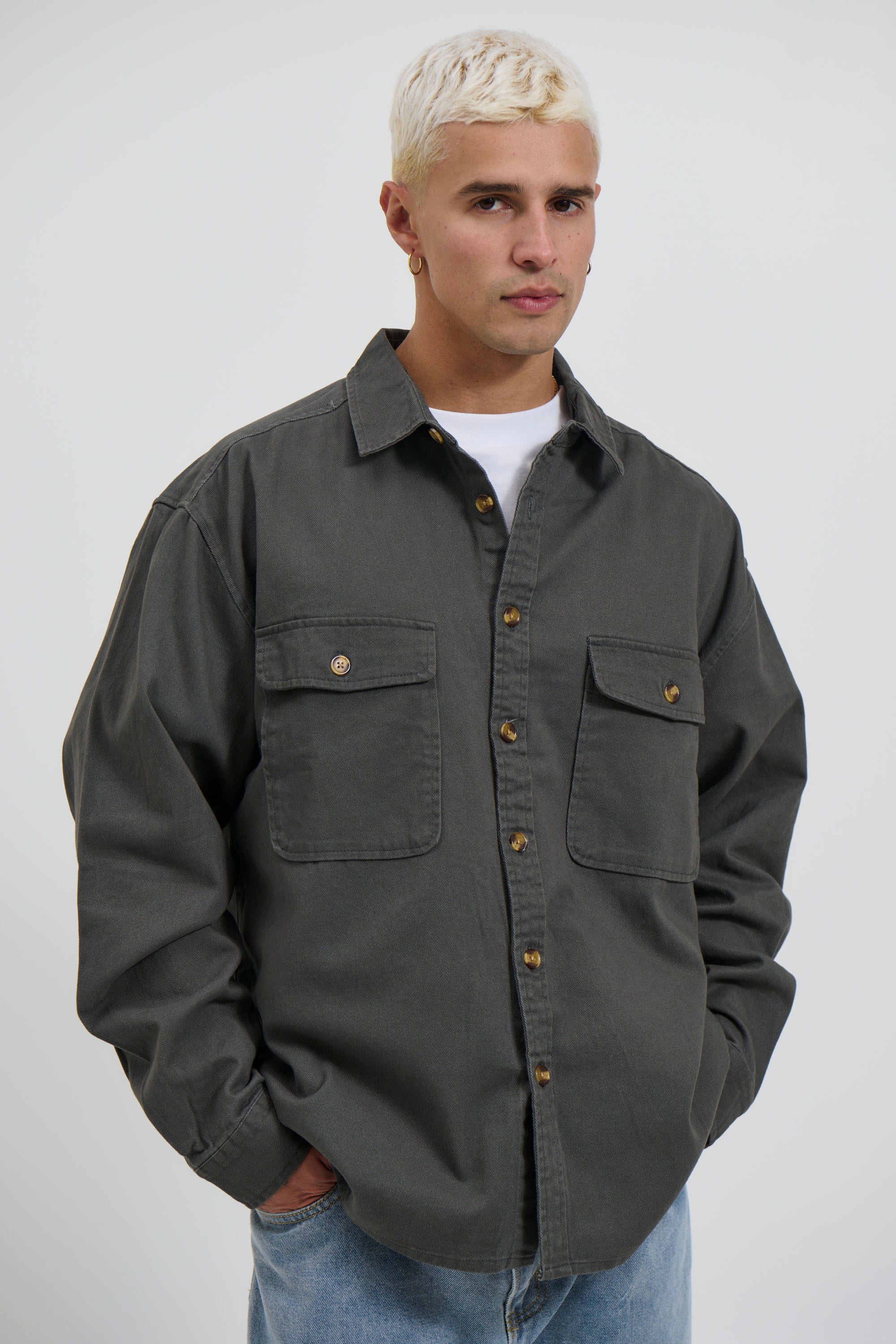 Mike Cotton Drill Shacket Charcoal