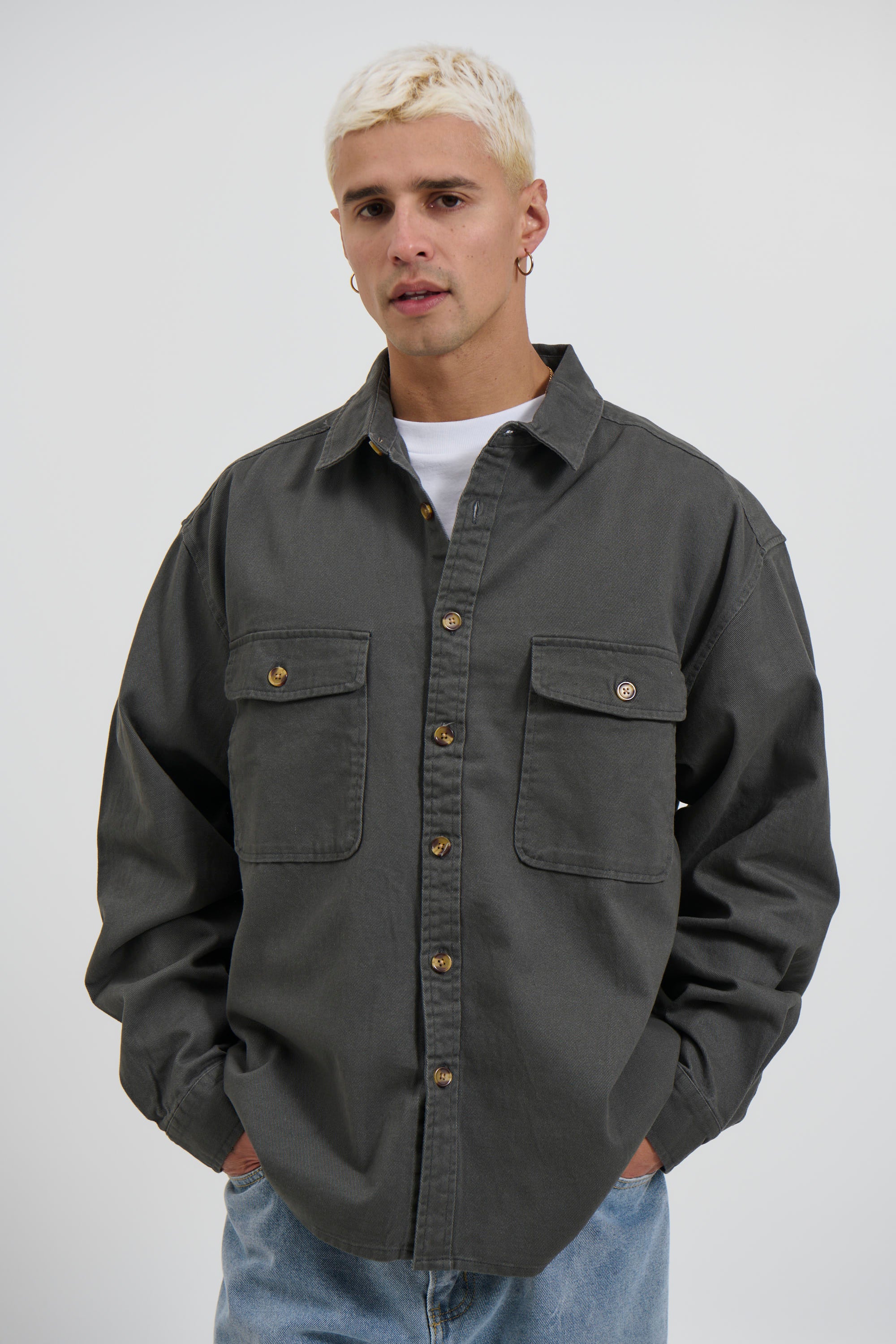 Mike Cotton Drill Shacket Charcoal