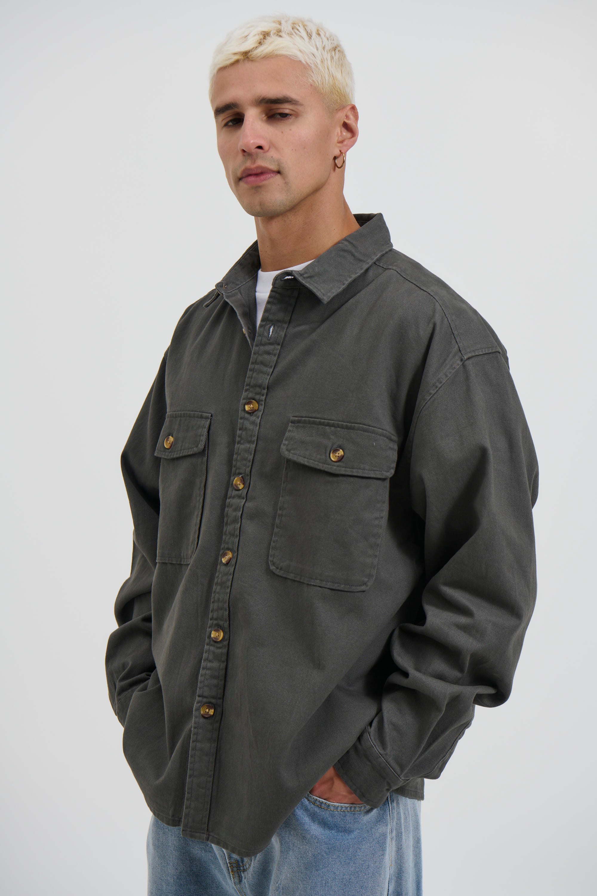 Mike Cotton Drill Shacket Charcoal